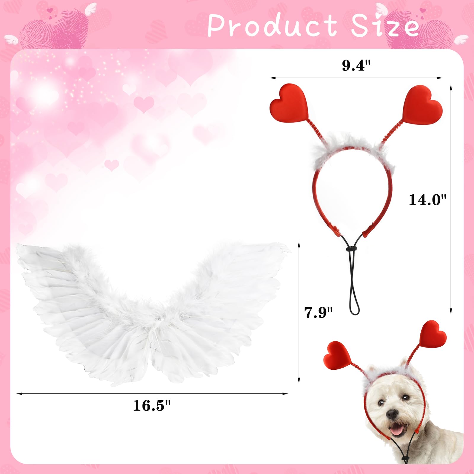 Shurung Dog Sweeat Heart Headband Valentin'S Day Costume Set With White Feather Wing Heart Headband Love-Themed Dog Outfits For