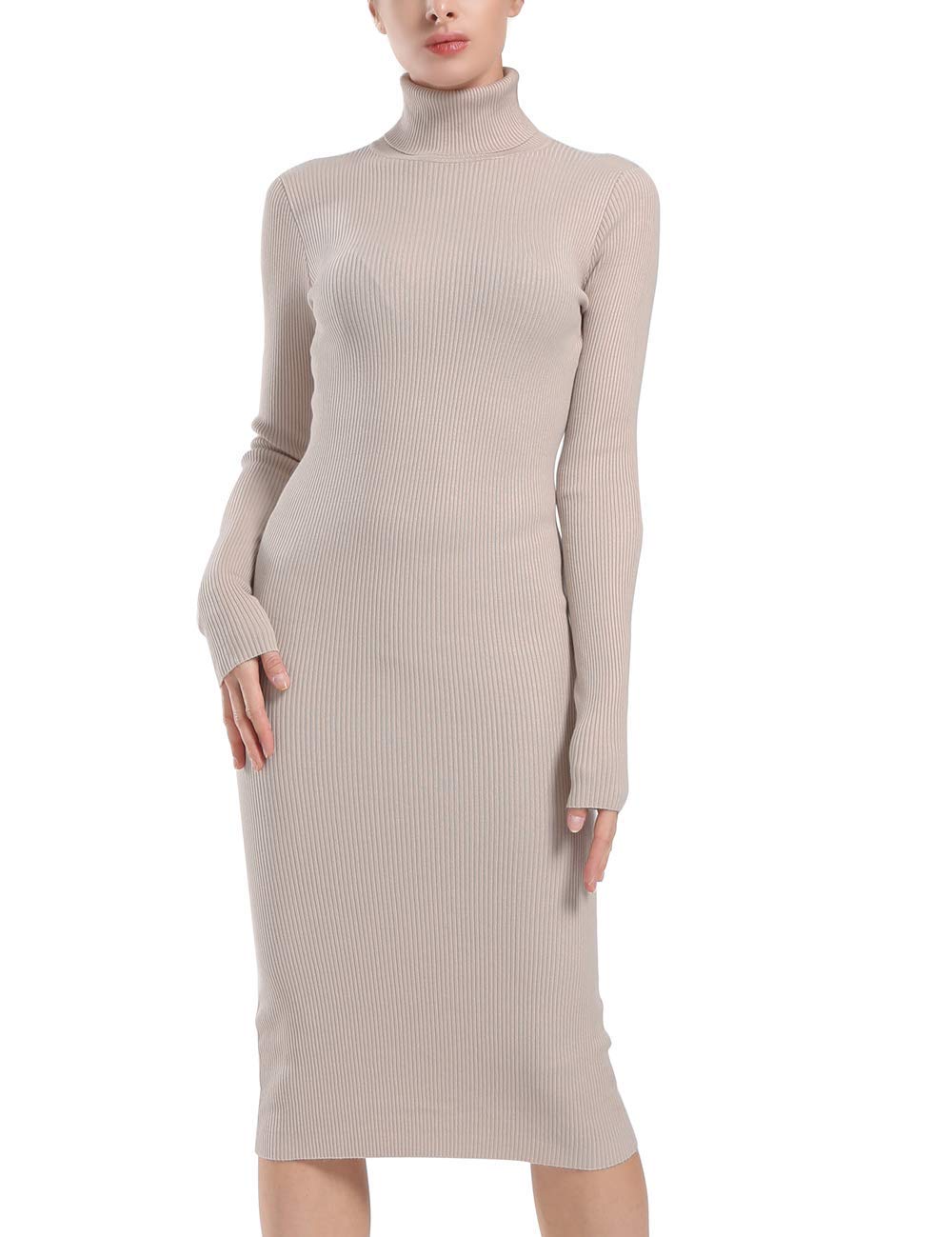 Ninovino Womens Turtleneck Ribbed Long Sleeve Bodycon Tunic Sweater Dress Apricot-M