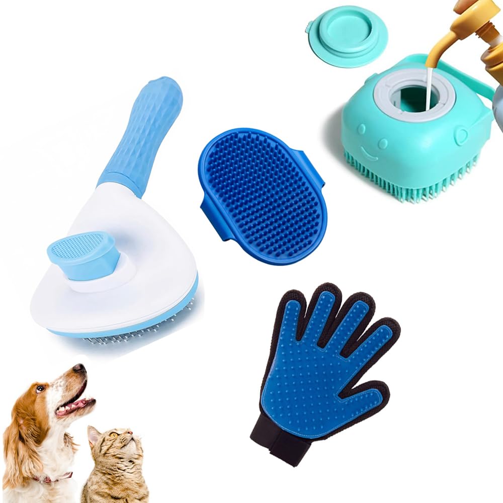 Pethood Pet Grooming Kit  Slicker Brush, Silicone Shampoo Dispenser, Palm & Glove Brush | Color May Vary| Dog & Cat Hair Remove