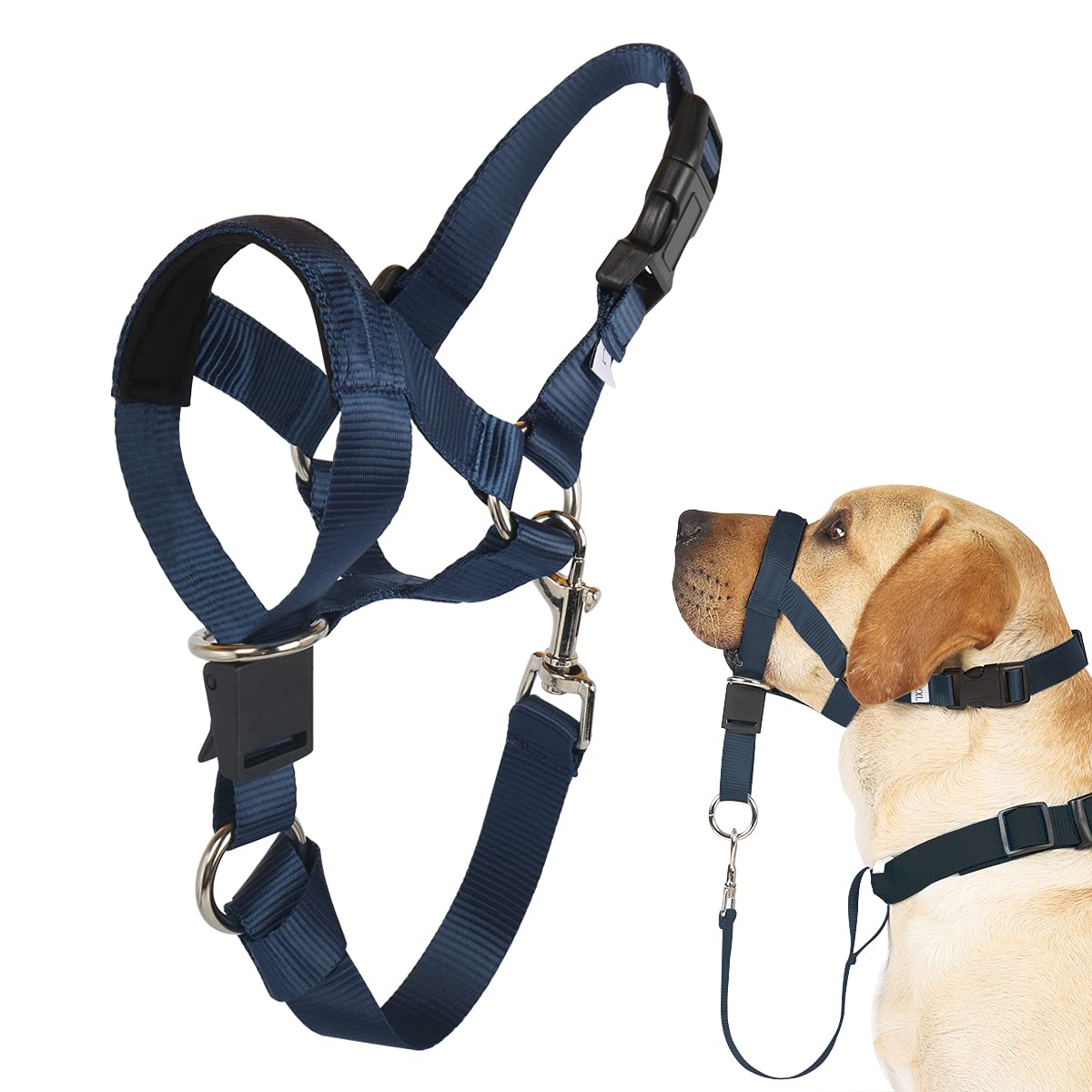 No-Pull Head Collar For Dogs Training & Walking Made Easy, Soft Dog Halter Harness With Expert Training Guide - Put An End To Pulling On The Leash (M, Navy Blue)