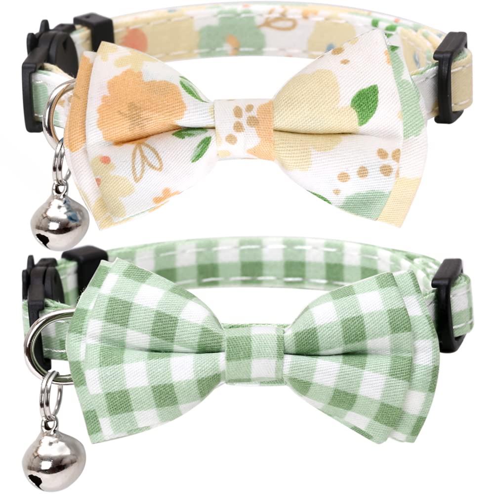2 Pack/Set Cat Collar Breakaway With Cute Bow Tie And Bell Plaid Flower For Kitty Adjustable Safety