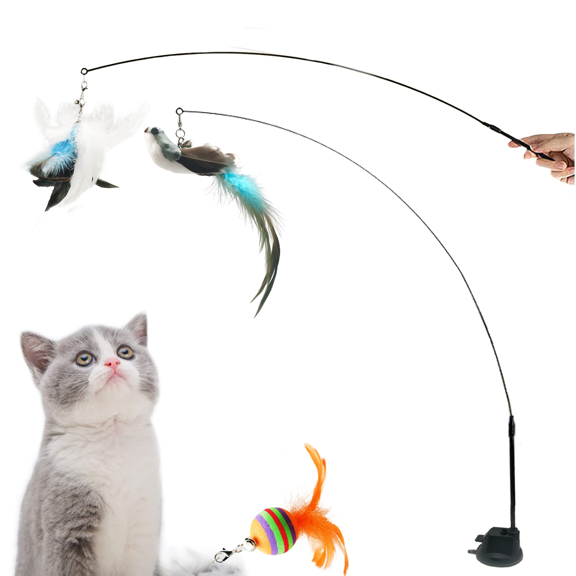 Benemall Interactive Cat Feather Toy - Super Suction Cup, 3 Replaceable Feathers, Bell & Spring Wand - Fun for Indoor Cats (Fly Bird Blue)