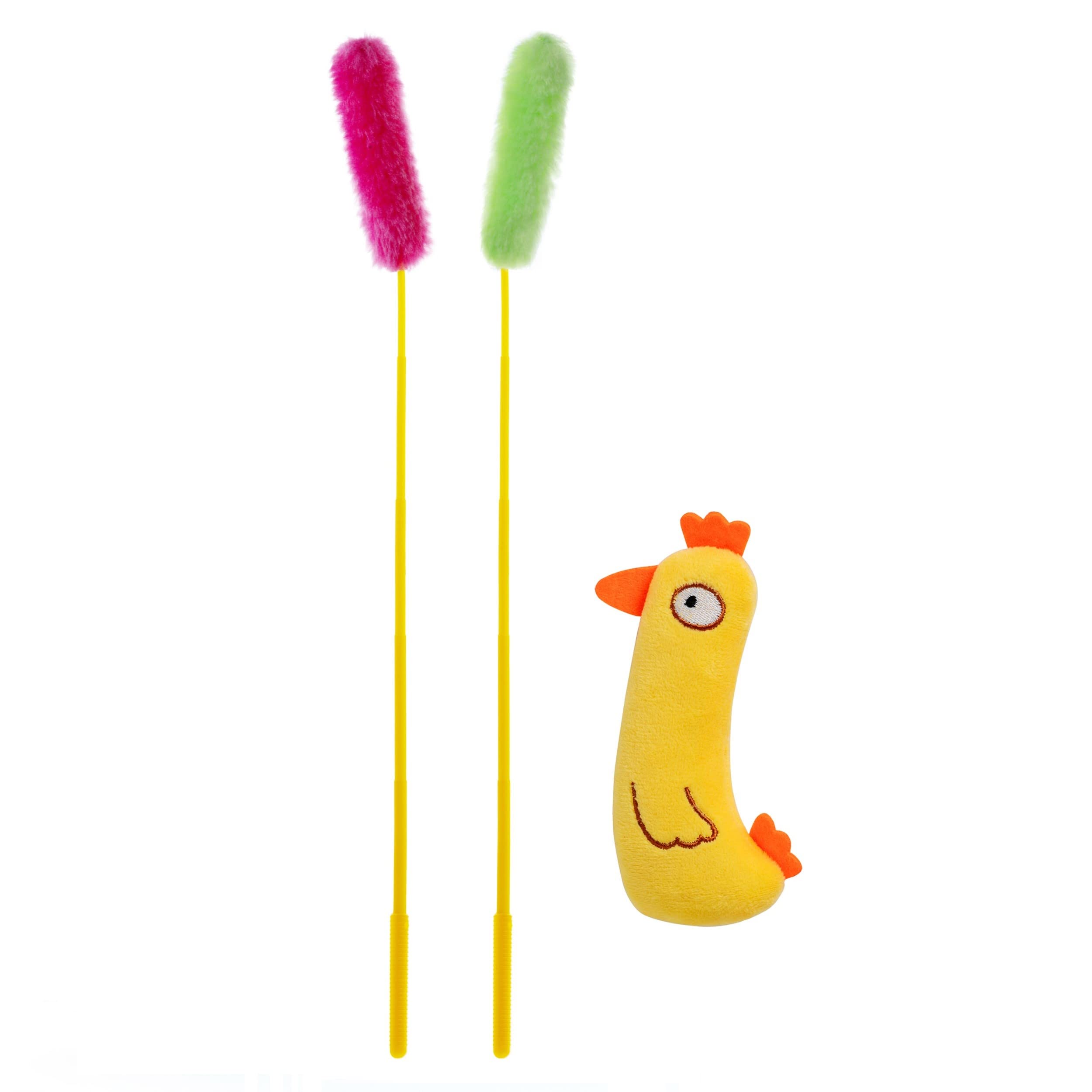 AlabongCat, Interactive Cat Toy, A Chicken Catnip Toy and Pink & Green Plush Cat Teaser Wand Toys - Funny, Entertaining, and Sti
