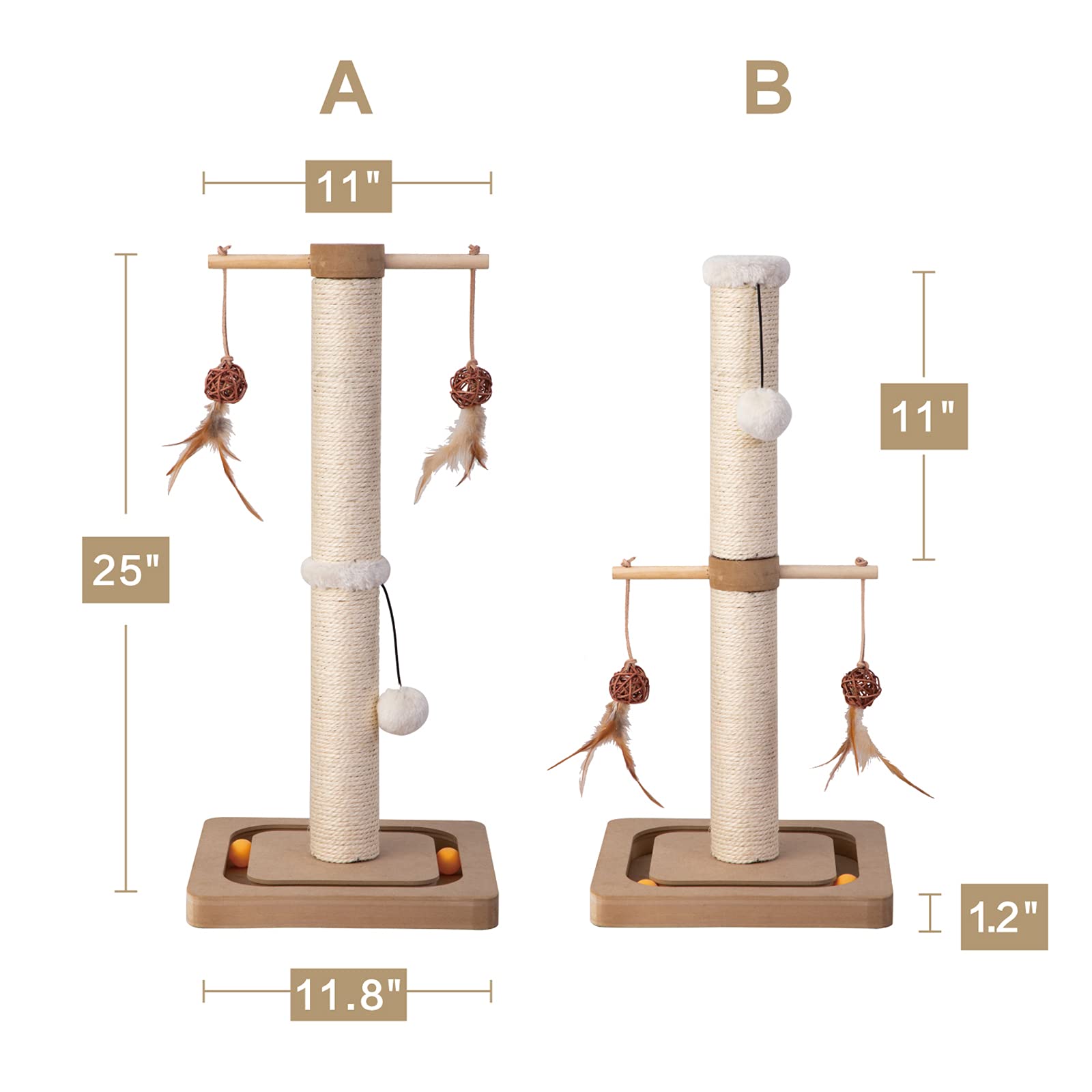 Peekab Cat Scratching Post Premium Sisal Toll Scratch Posts With Tracking Interactive Toys Vertical Scratcher For Indoor Cats And Kittens- 25 Inches Beige