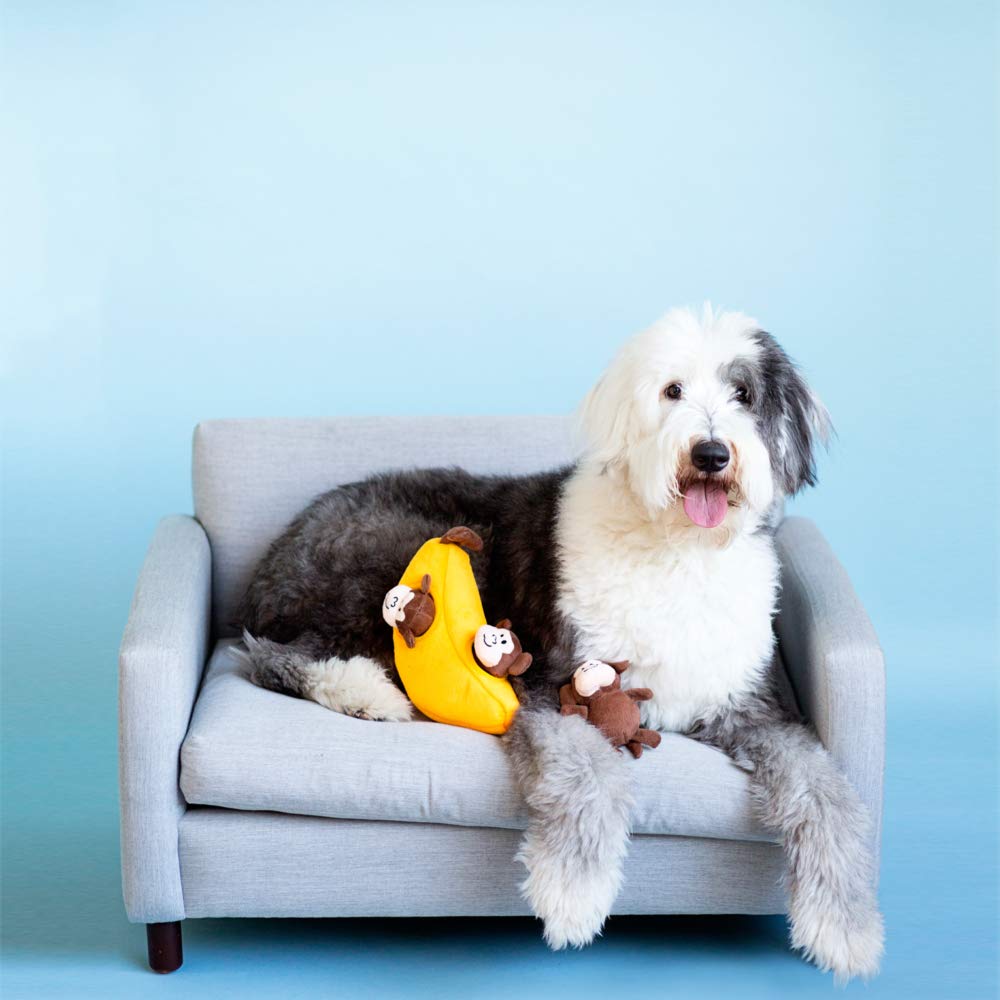 ZippyPaws Burrow, Zoo Friends Monkey 'n Banana - Interactive Dog Toys for Boredom - Hide and Seek Dog Toys, Colorful Squeaky Dog