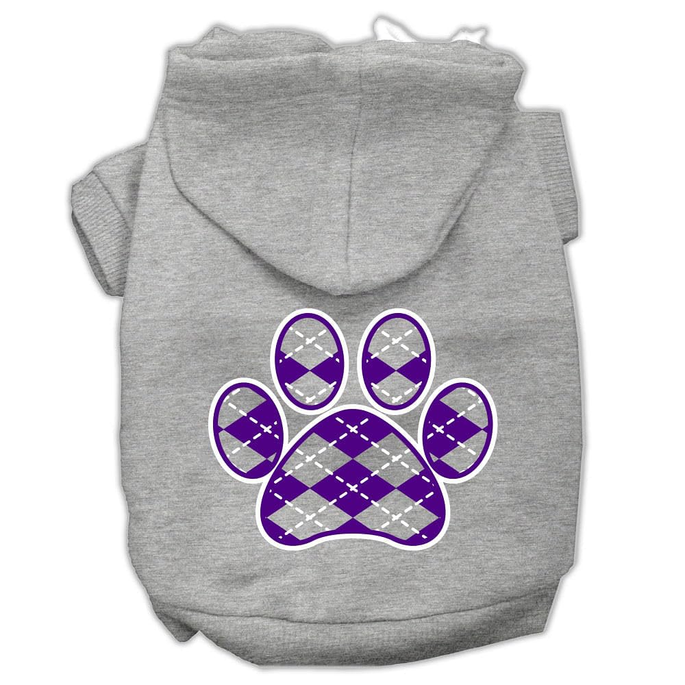 Pet Dog & Cat Hoodie Screen Printed, 'Purple Argyle Paw' Gray Sm (3-6 Lbs.)