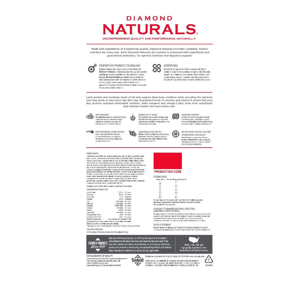 Diamond Naturals Adult Dry Dog Food Lamb Meal and Rice Formula Made with Lamb Protein, Probiotics and Essential Nutrients to Sup