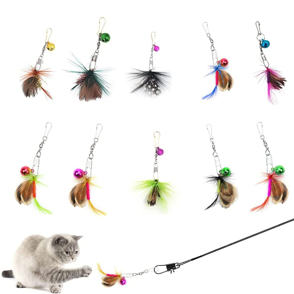 Hokoad Cat Insect Feather Toys Replacement Cat Toy Wand Refills, 10 Pieces Mini Insect Cat Toy Feathers Refill, Interactive Cat 