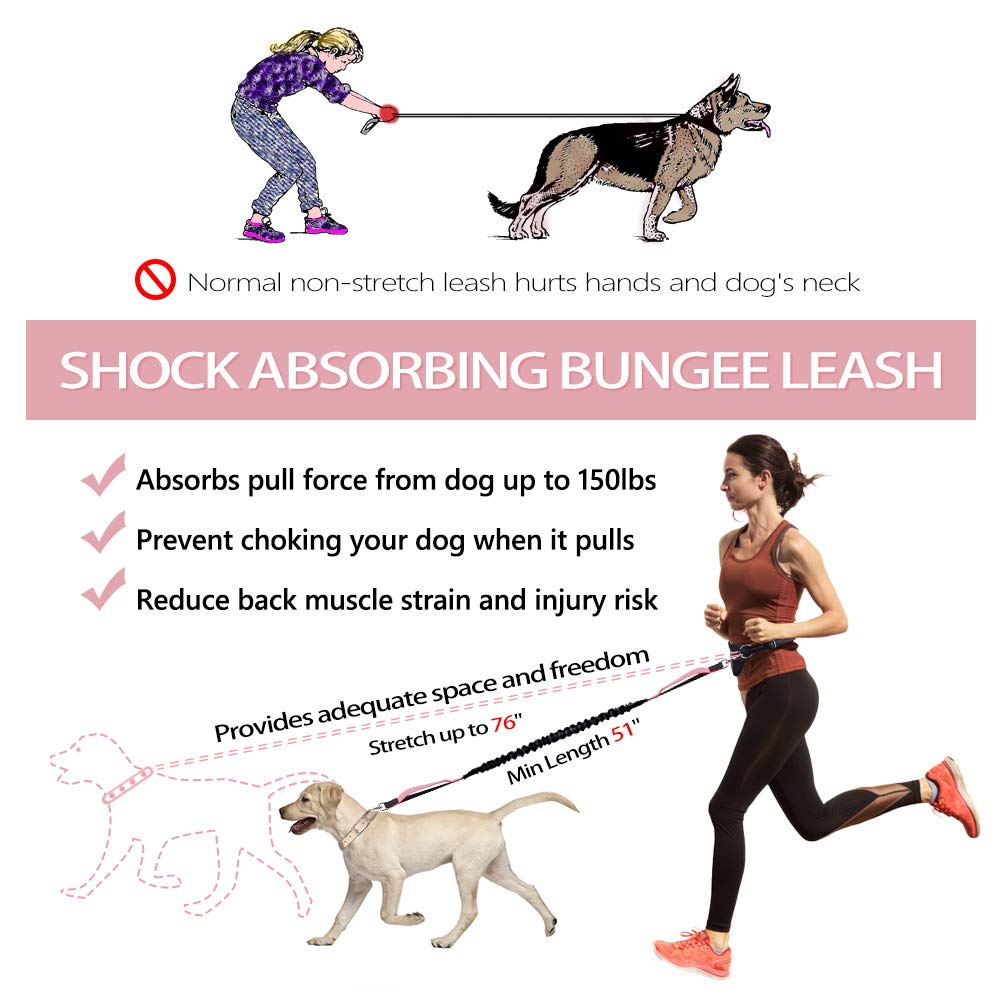 Hands Free Dog Leash Bungee Retractable Dog Running Waist Leash For Running Walking Jogging Training Hiking With Medium To Large Dogs, Adjustable Waist Belt Pouchouch, Reflective Stitches, Dual Handle