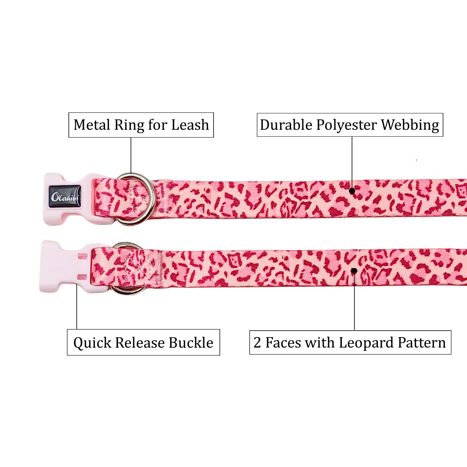 Olahibi Basic Dog Collar, Leopard Pattern, Soft And Durable Polyester Material, Adjustable Length, For Small Dogs.(Small, Pink L