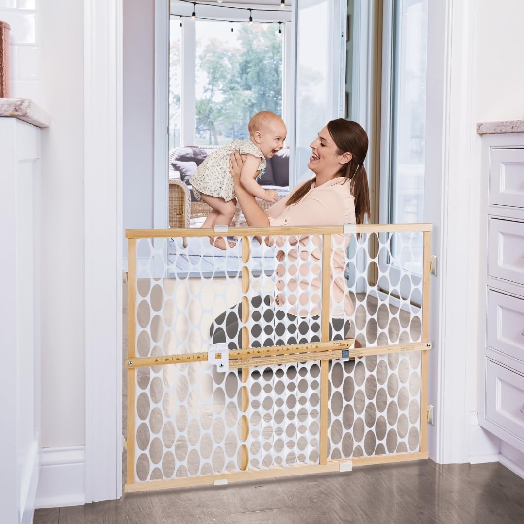 Toddleroo By North States Quick Fit Oval Mesh Wooden Baby Gate: 26.5'- 42' Wide. Pressure Mounted Baby Gate For Doorway. Tension Lever For Quick Custom Fit. (23' Tall, Sustainable Hardwood)