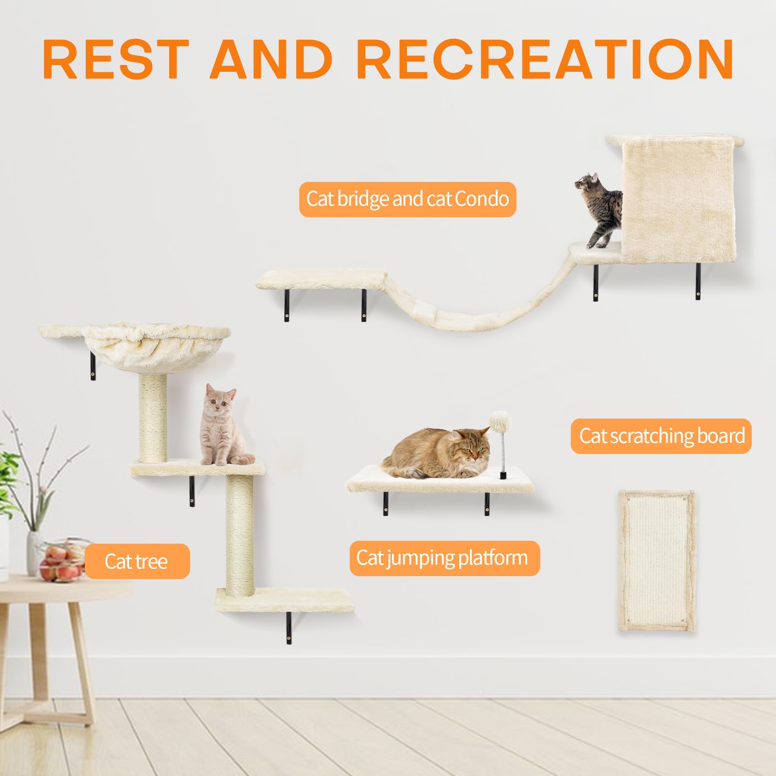 Cat Wall Furniture,Wall-Mounted Cat Climber Set With Cat Wall Shelves, Perches, Condo House, Ladder, Scratching Board & Tree - 5