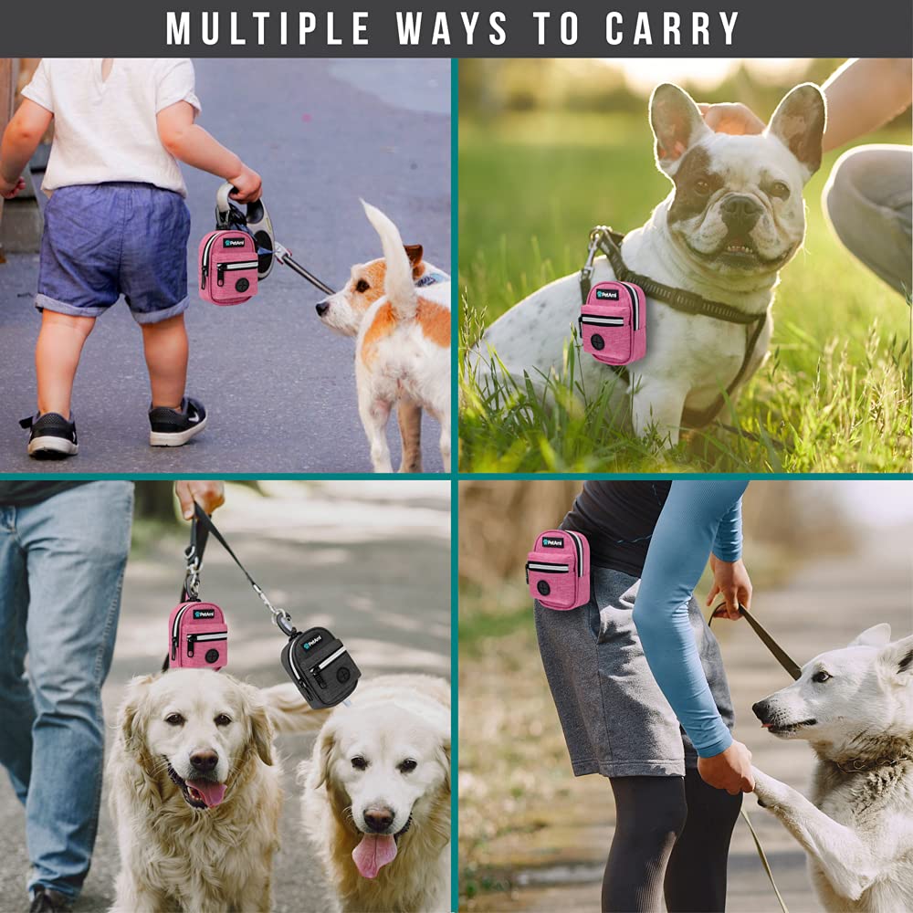 Petami Dog Poop Bag Holder | Dog Waste Bag Dispenser With Clip For Leash And Belt | Portable Fabric Doggy Waste Bag Holder For Walking Hiking Running Travel - With One Roll Of Dog Bag (Heather Pink)