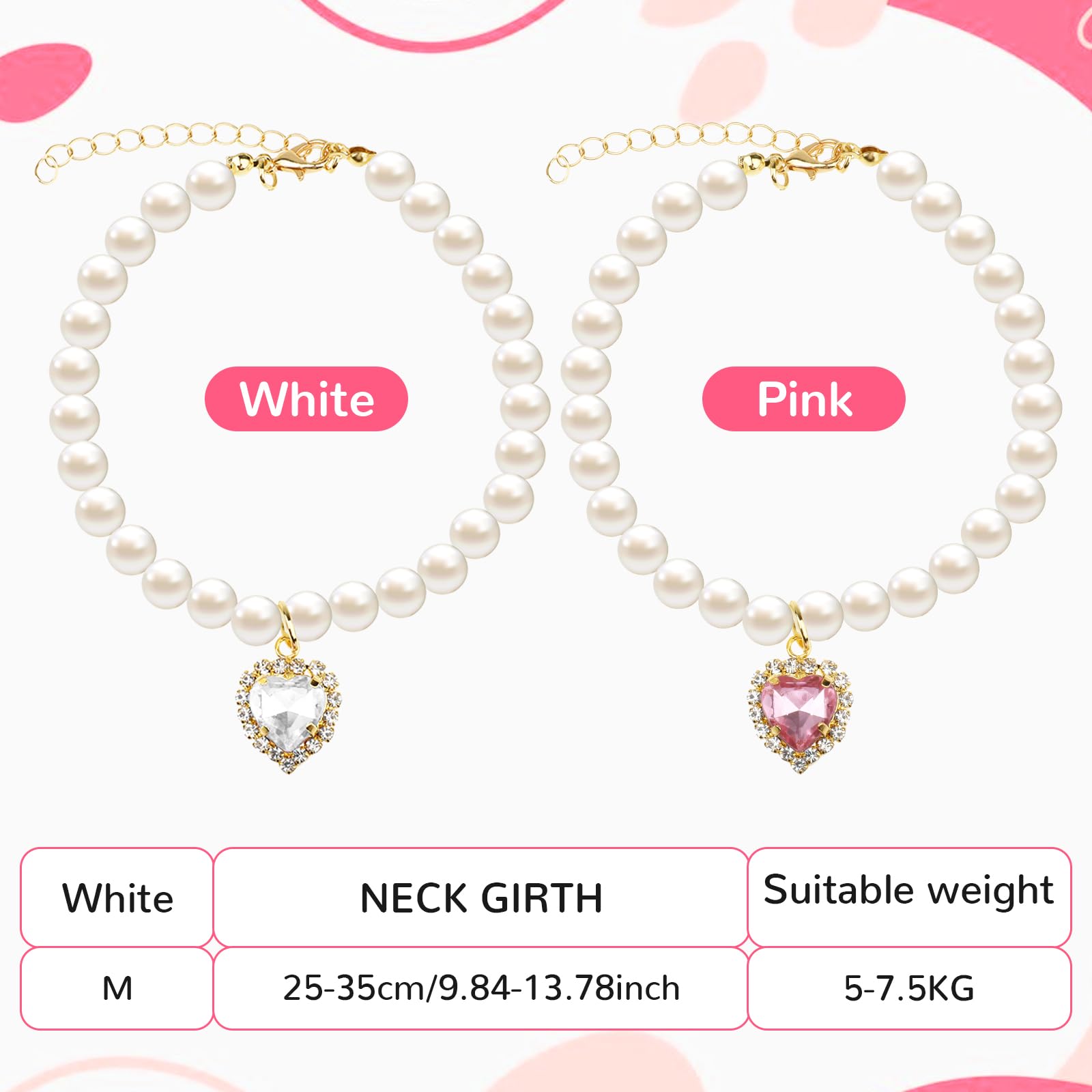 Tyqour 2Pcs Cute Girl Cat Collar, Fancy Dog Pearl Necklace Collars Adjustable Pearl Dog Cats Collars With Small Heart Shape Rhin