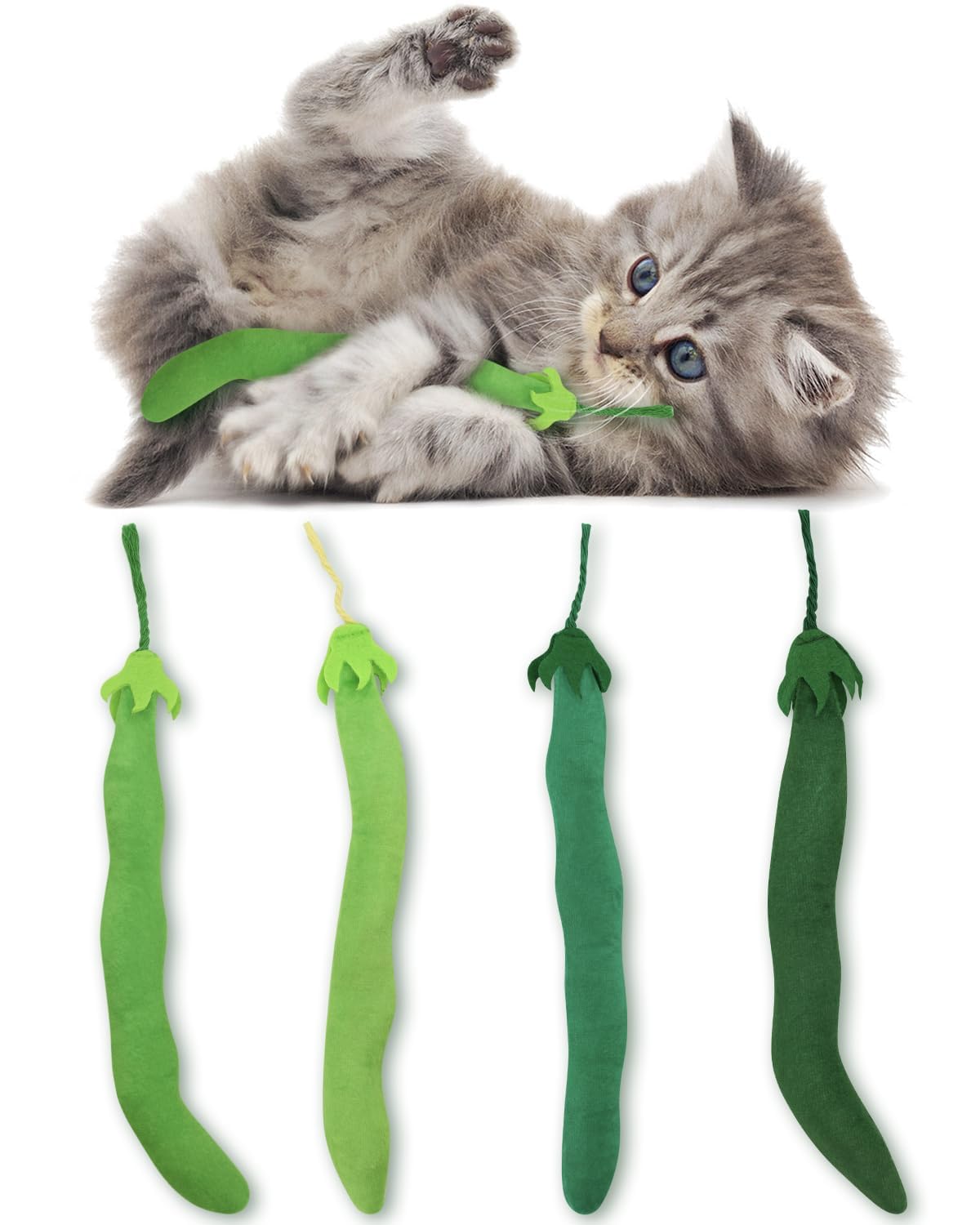 CiyvoLyeen Catnip Toy, Green Bean Cat Toys Kitten Supplies Interactive Kicker Vegetables Vegan Dental Health Teething Chew Gift 