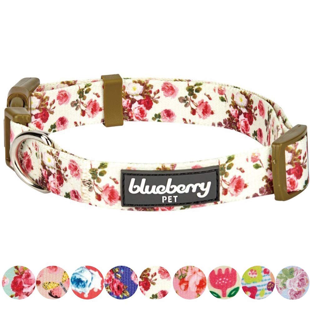 Blueberry Pet 7 Patterns Spring Scent Inspired Pink Rose Print Ivory Adjustable Dog Collar, Medium, Neck 14.5'-20'