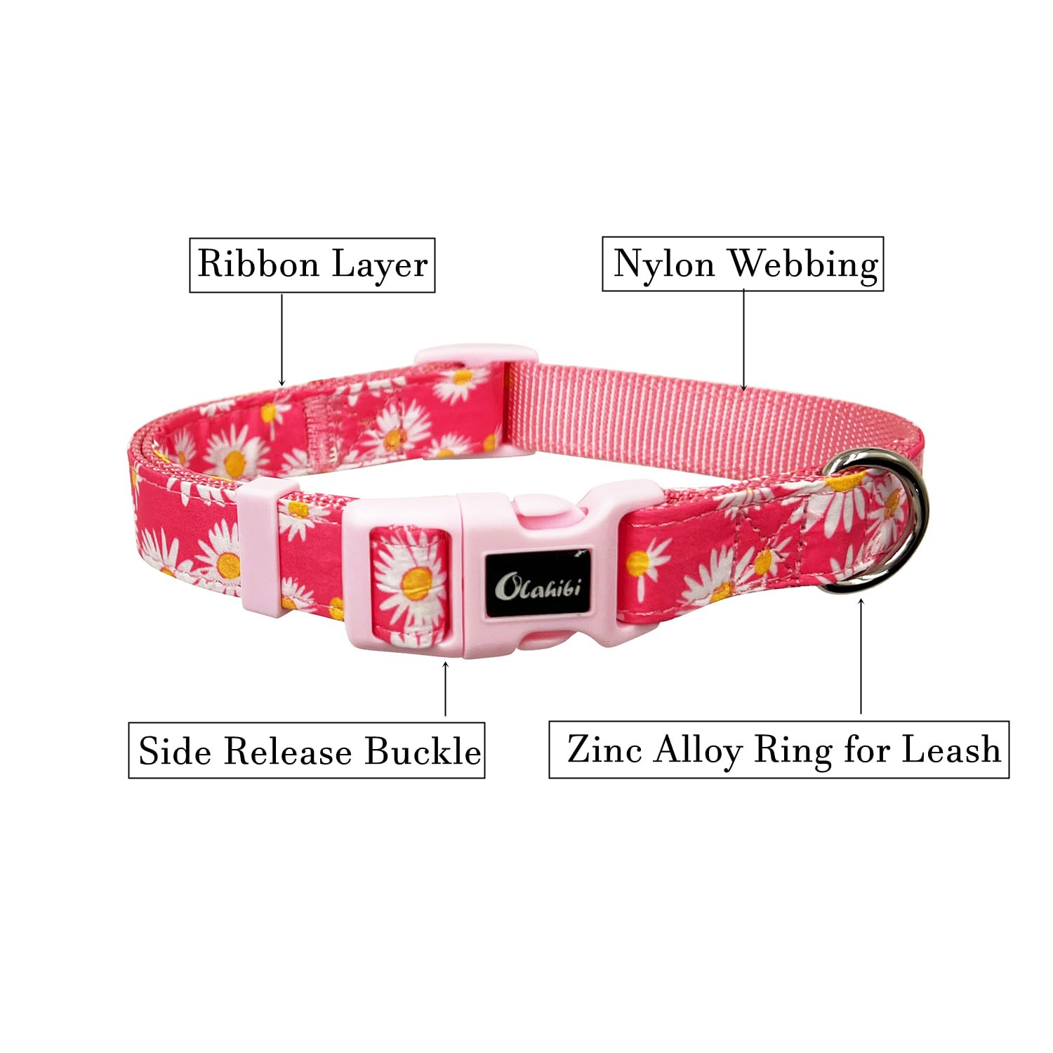 Olahibi Dog Collar Leash Set, Floral Pattern, Nylon Webbing Plus Cotton Ribbon, 5Ft Matching Leash, For Medium Dogs.(M, Pink Dai