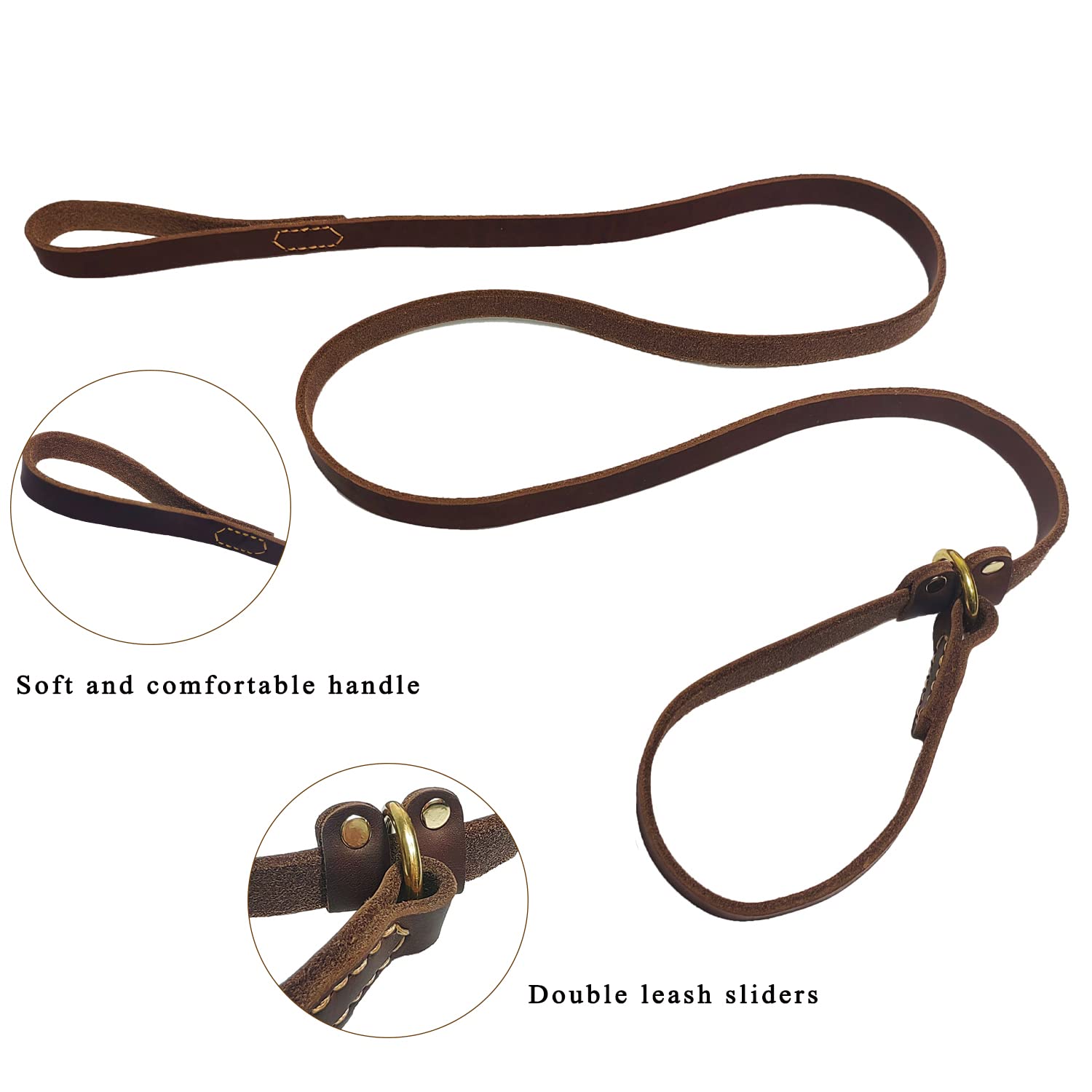 Lwbmg 5.6Ft Leather Dog Leash, Real Leather Slip Lead, Soft Adjustable Dog Training Leash For Small To Large Dogs, Brown