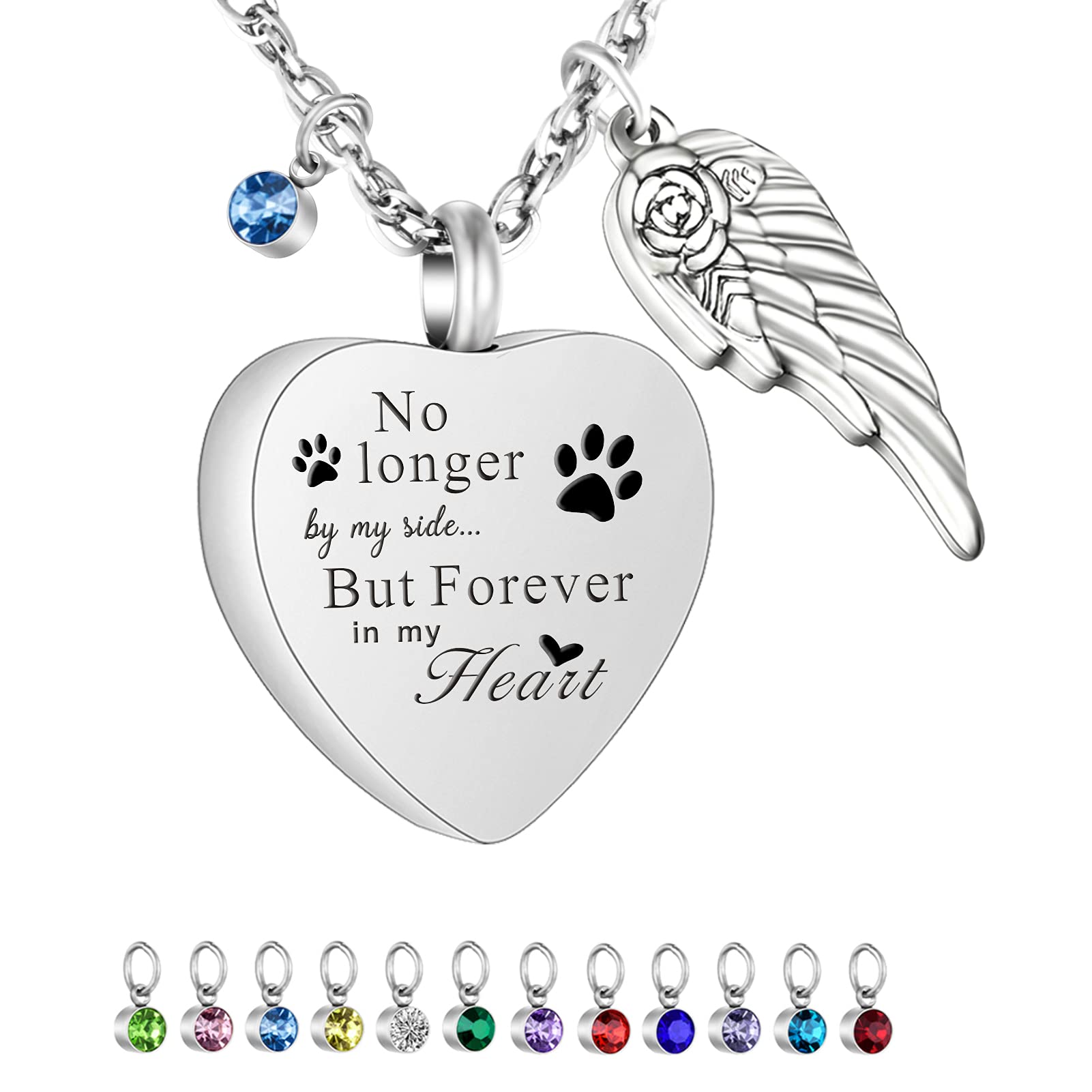 Soitis 12Pcs Birthstones Cremation Jewelry For Dog Ashes Urn Necklace For Pet Ashes Heart Urn Pendant Stainless Steel Memorial Ashes Keepsake