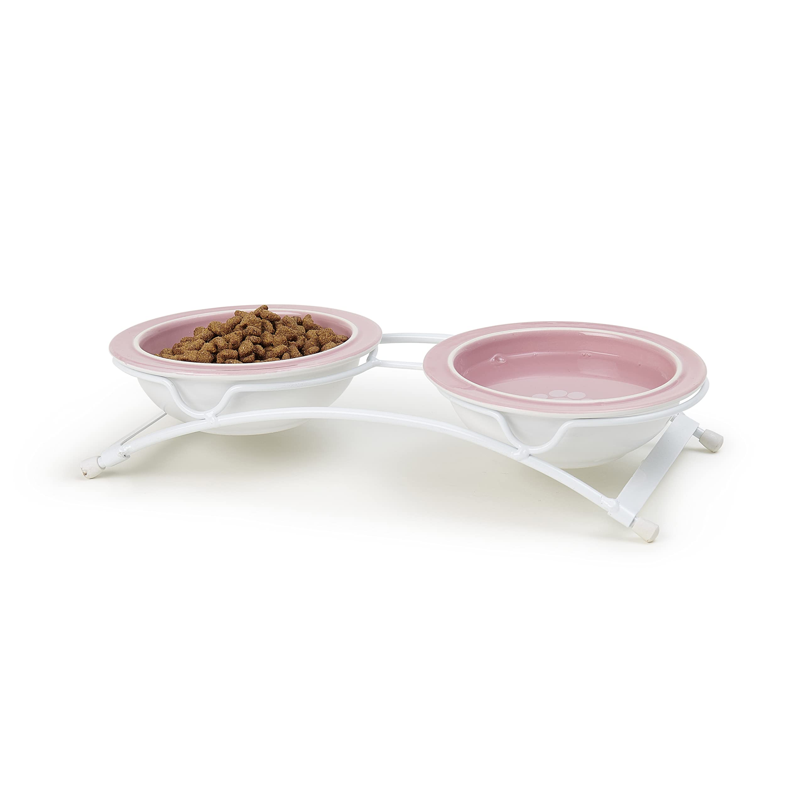 Petrageous 44355 Toftees Paws Diner With Two 1-Cup Dishwasher-Safe Stoneware Bowl Capacity 10.75-Inch Length 2.25-Inch Tall For Extra Small And Small Dogs And Cats, White And Pink