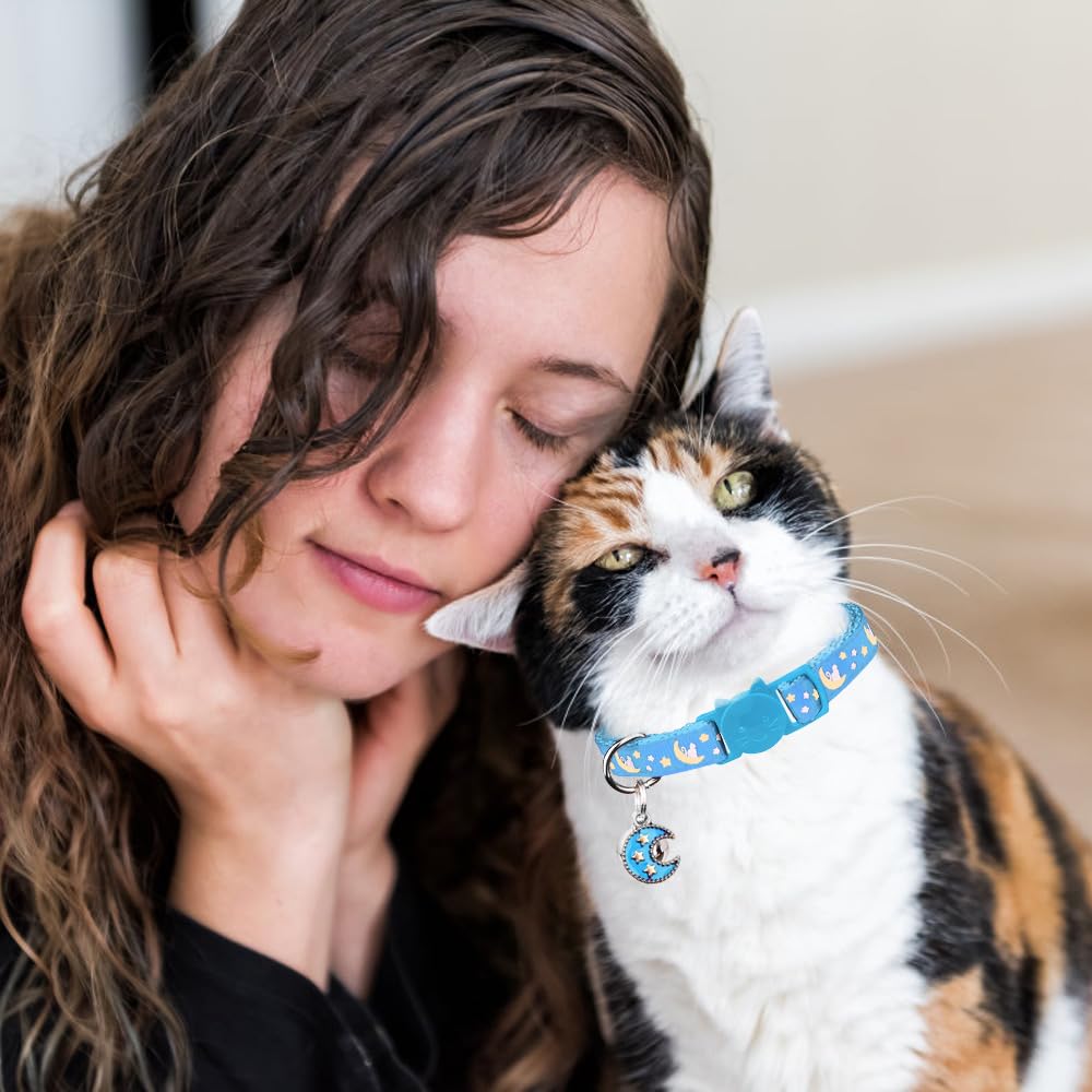 2Pcs Breakaway Cats Collars Cat Collars For Boy Cats Adjustable Kitten Collars With Bell,Black+Light Blue,8''-13.1''