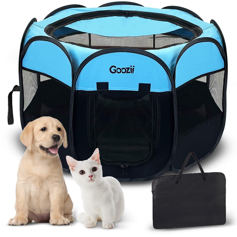 Goozii Dog Playpen Portable Collapsible, Indoor Outdoor Pet Puppy Exercise Playpens Case With Zipper Door Top Cover Floor For La