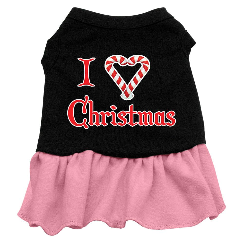 Christmas Pet Dog & Cat Dress Screen Printed, I Love Christmas Black W/Light Pink XS (0-3 lbs.)