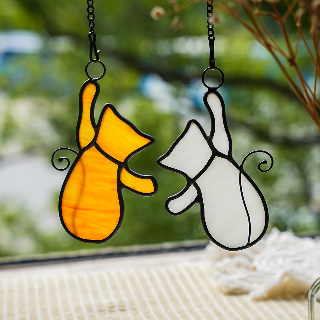 Boxcasa White Cat Decor Stained Glass Window Hanging, Funny Gifts For Cat Lovers, Suncatchers, Themed Decoration For Living Room