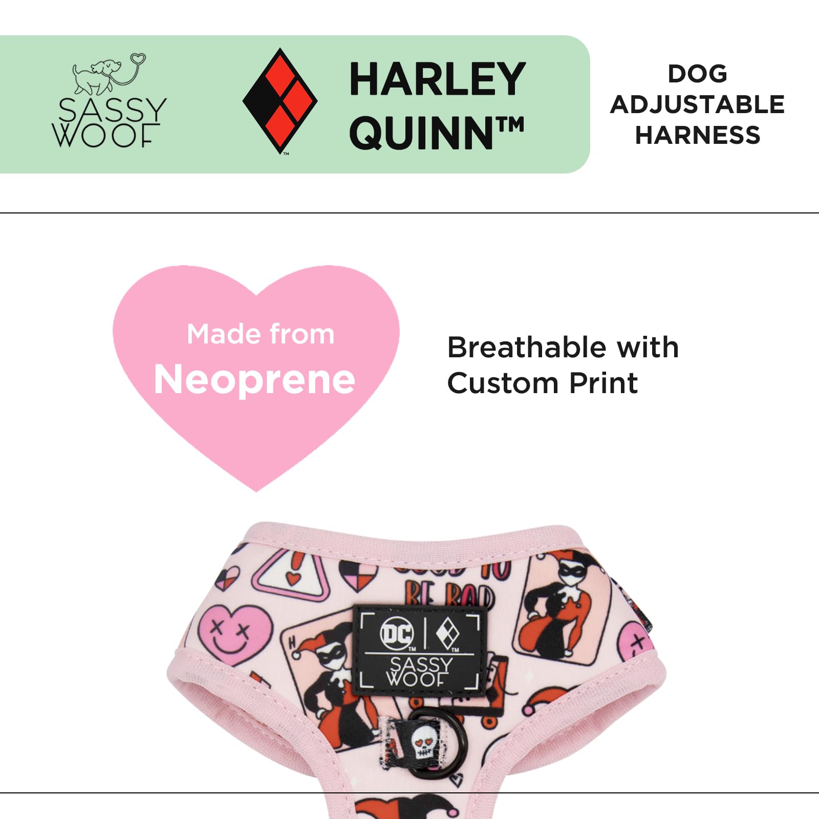 Sassy Woof Dog Adjustable Harness - Harley Quinn - Xs, Breathable Mesh, No Pull Design With Two D-Rings, Patented Design, Perfec