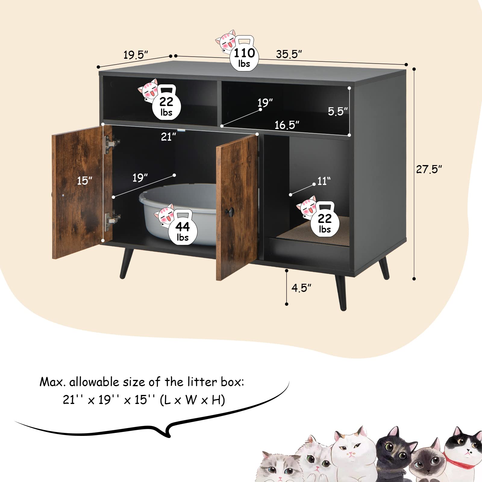 Petsite Litter Box Enclosure, Wooden Cat Litter Box Furniture Hidden With Shelves & Scratching Pad, Kitty Large Litter Box Washroom Cabinet End Table