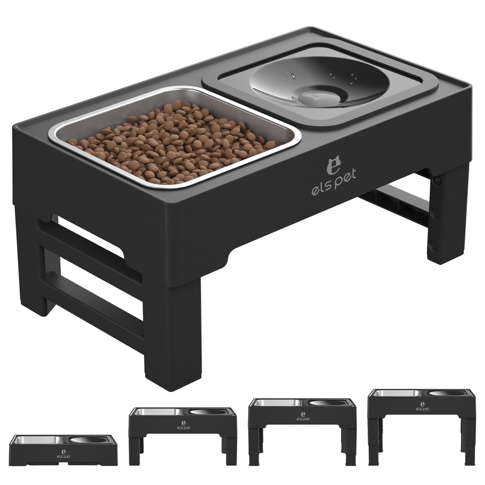 ELS PET Elevated Dog Bowls, Adjustable Raised Dog Bowls with No Spill Dog Water Bowl and Stainless Steel/Slow Feeder, for Small 