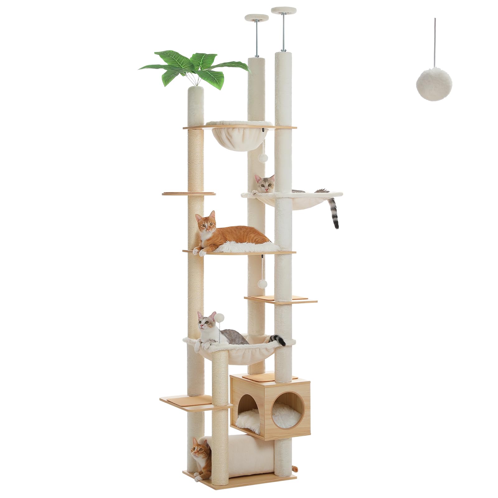 Pequlti Floor To Ceiling Cat Tree 93.3-100.8 Height Adjustable Wooden Cat Tower Tall Climbing Play House With Scratching Posts, 