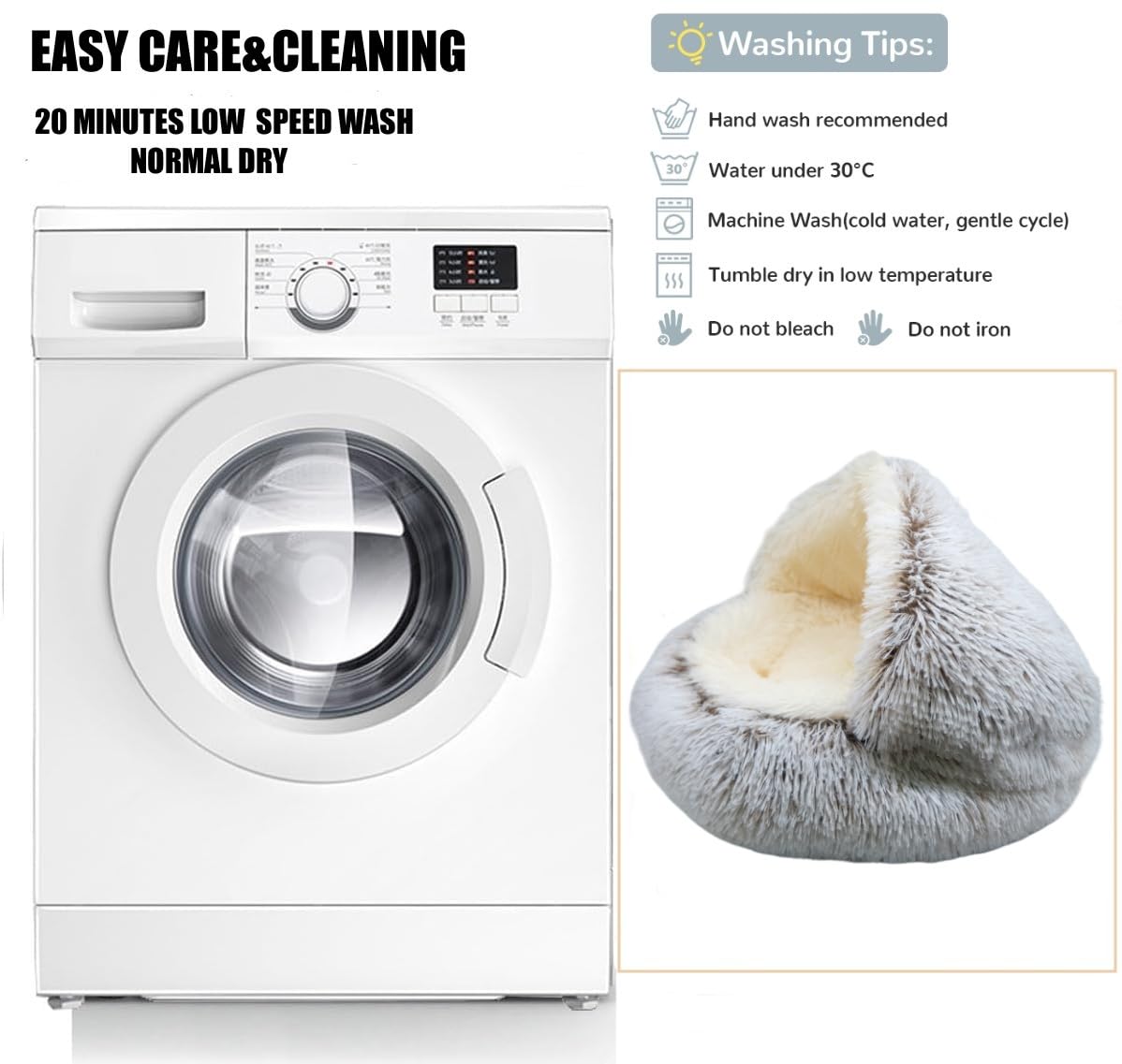 Zanesun Calming Round Dog Bed & Cat Cave With Hooded Cover, Plush Fluffy Anti-Anxiety Cat Bed, Waterproof Bottom Washable (Coffe