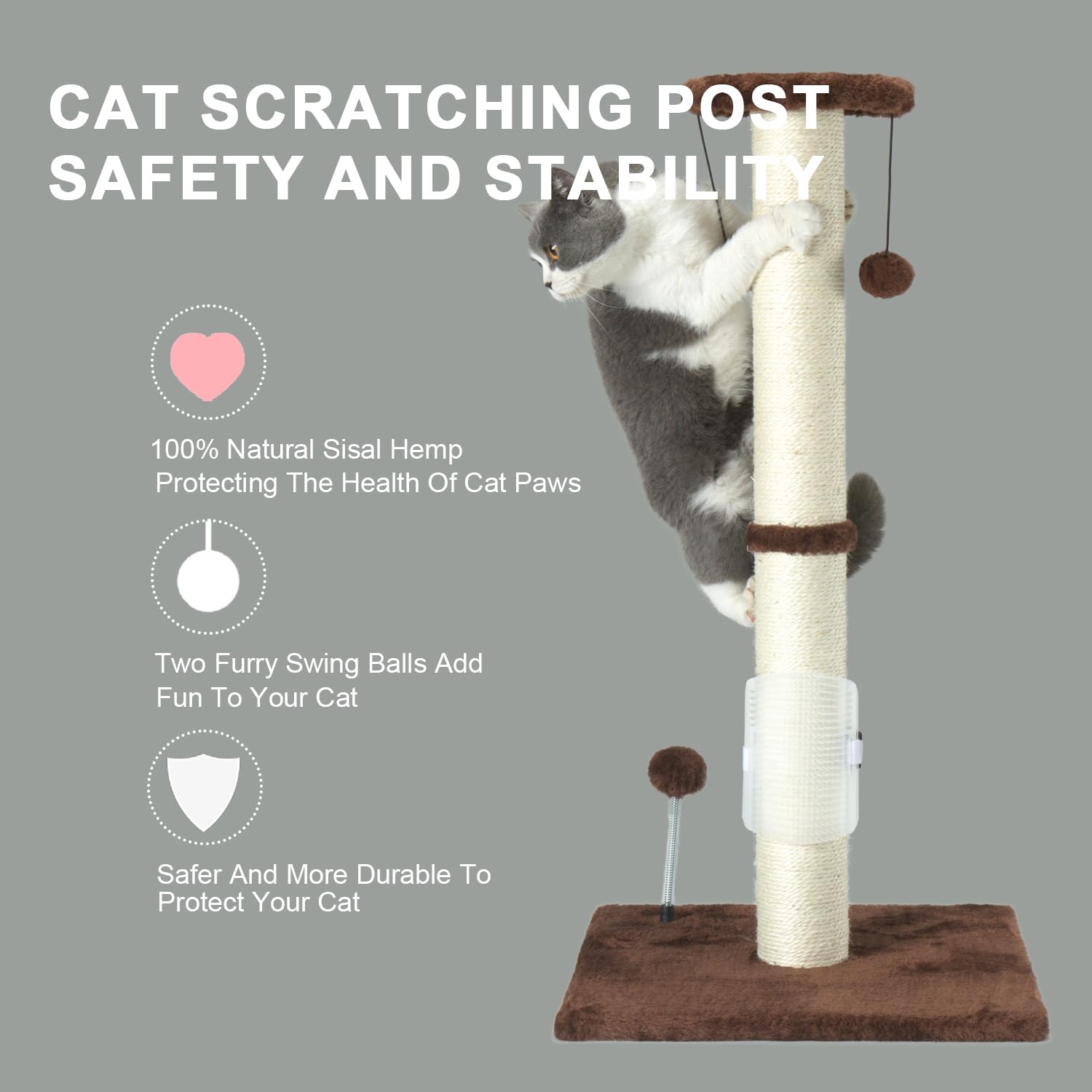 Peekab 32' Tall Cat Scratching Post Sisal Rope Scratch Posts With Hanging Ball And Self-Massage Brush Vertical Scratcher For Indoor Cats And Kittens(Brown 32Inches)