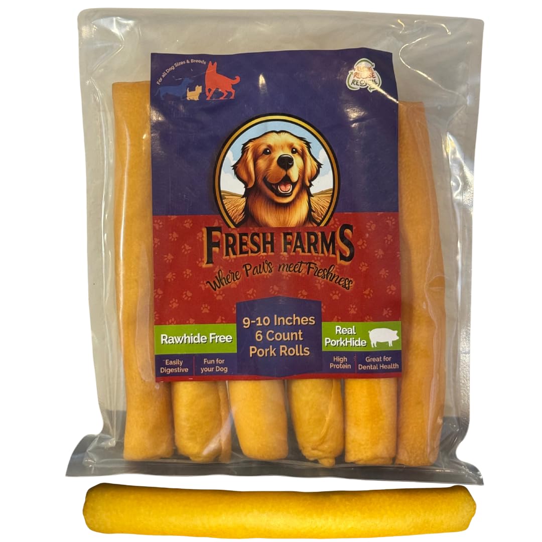 Fresh Farms 6 Pack 10-Inch Pork Skin Rolls - Natural Dog Chews for Medium and Large Dogs - Long Lasting, Raw Hide Free, Highly D