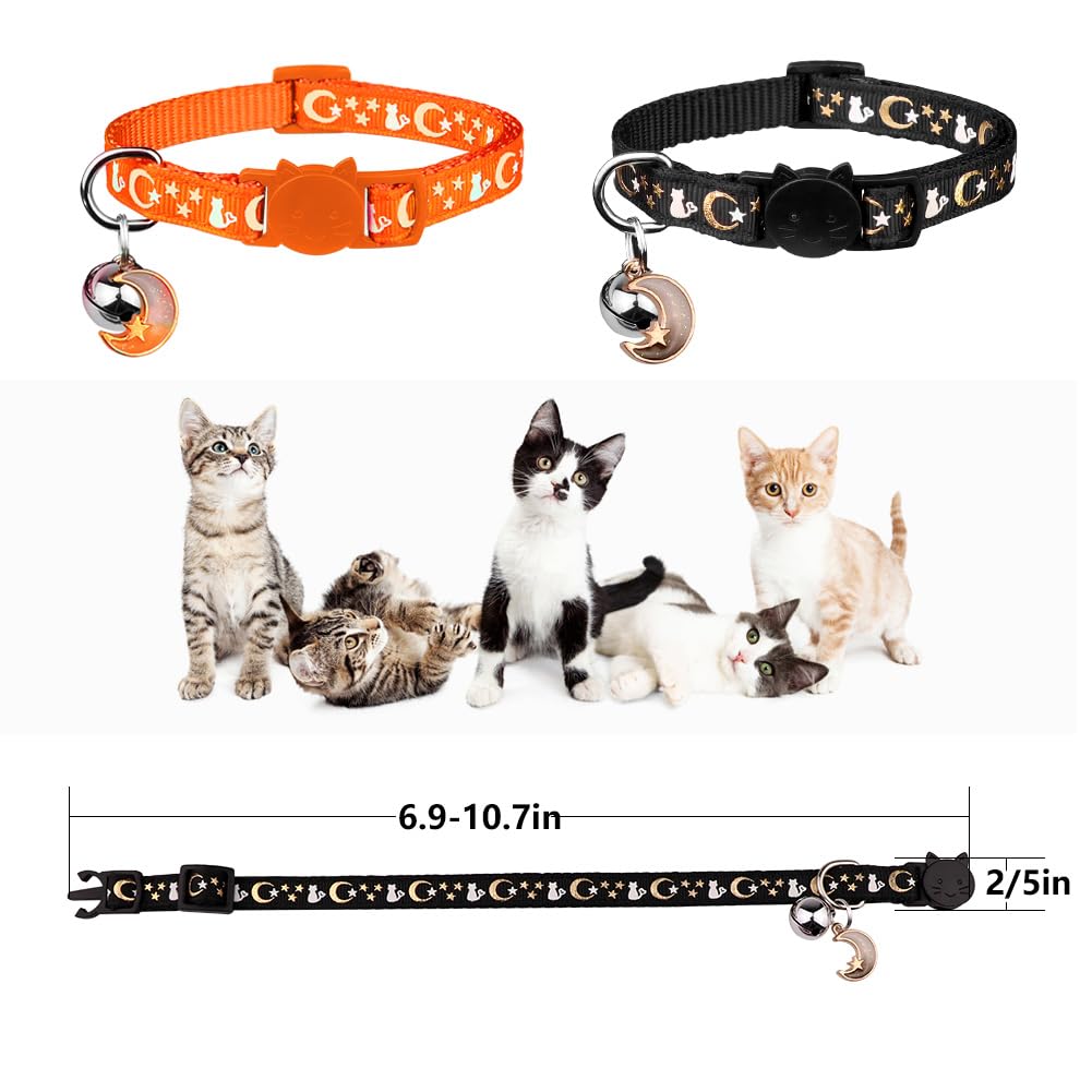 2Pcs Breakaway Cat Collars With Bell Cute Kitty Glow In The Dark Adjustable Kitten Collars(Orange&Black)