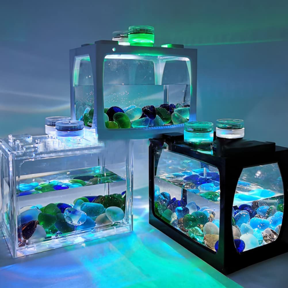 Mini Aquarium Box, Small Betta Fish Multifunctional Usb Rechargeable Fish Tank With Led Light Lamp Reptile Feeding Box Building Block Fish Bowl Home Decor Led Light Feeding Box(Black)