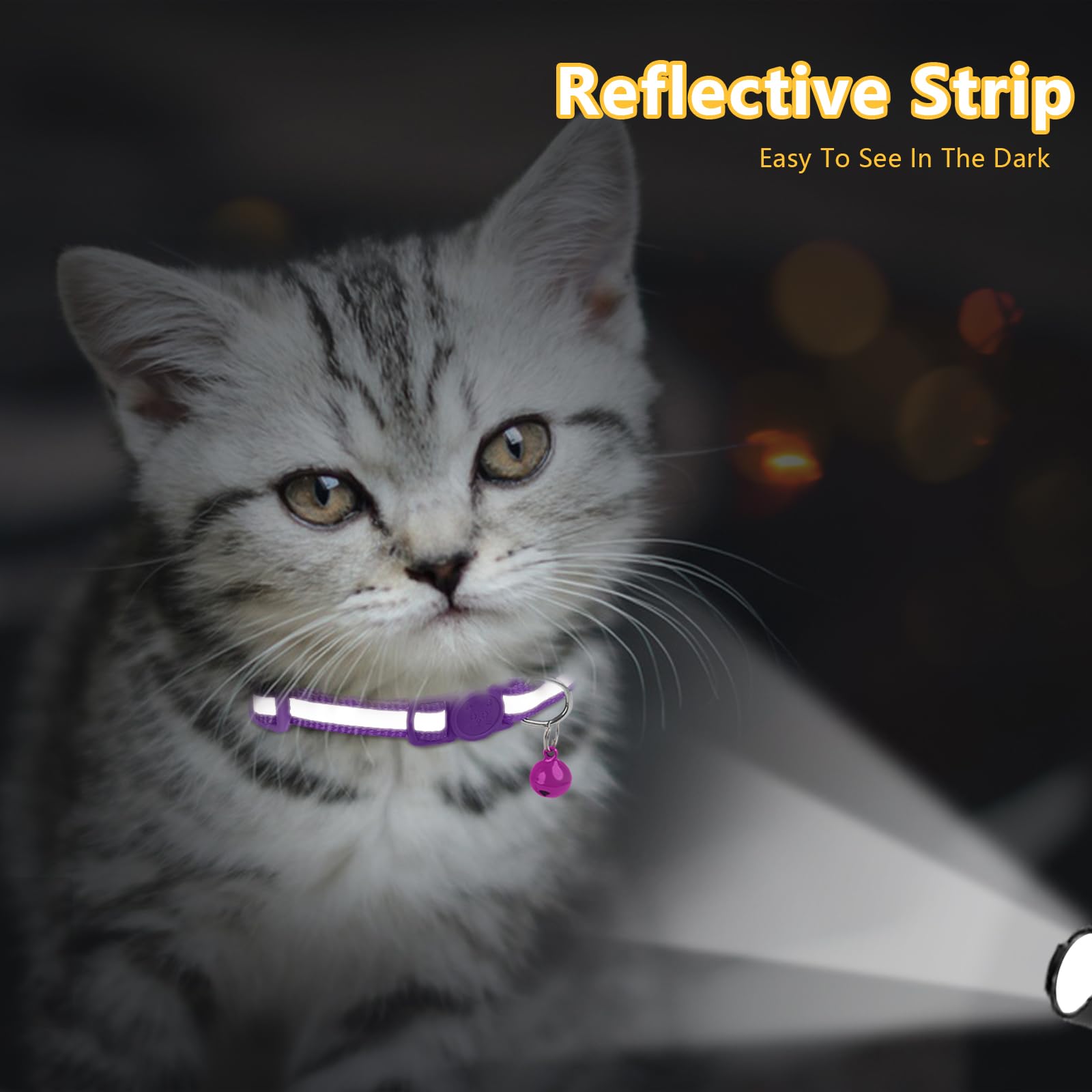 Taglory Reflective Cat Collars Breakaway With Bell, 2 Pack Girl Boy Pet Kitten Collar Adjustable 6-8 Inch, Purple