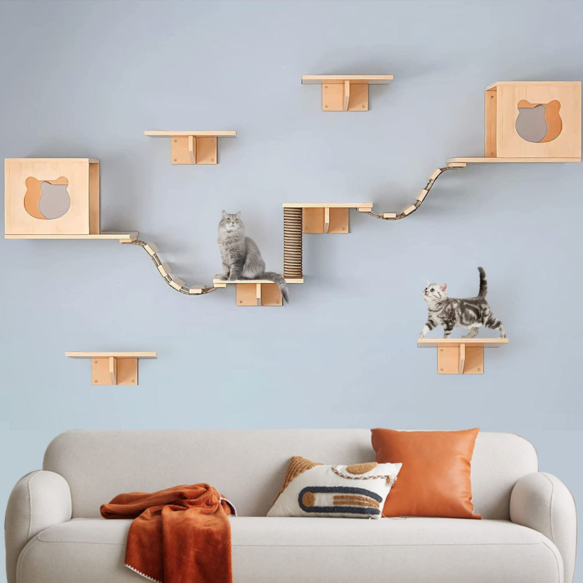 Cat Wall Shelves/Furniture, Shelves, Perches And Steps Set With 2 Cat Condos House, 6 Shelves, 2 Ladder, 1 Sisal Cat Scratching 