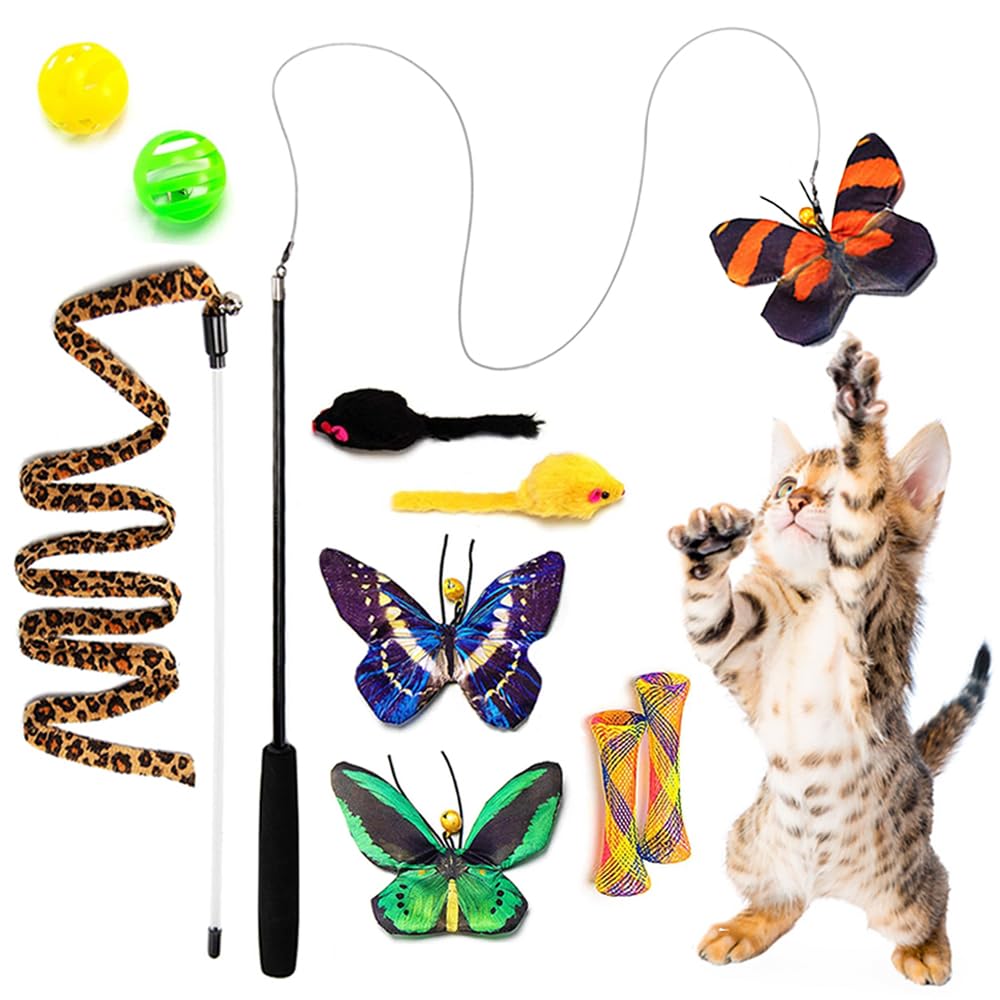 Awoof Butterfly Cat Wand Cat Toys Set, Realistic Crinkle Catnip Butterflies Kitten Toys With Retractable Interactive Cat Wand 11 Pcs Cat Toys For Indoor Cats
