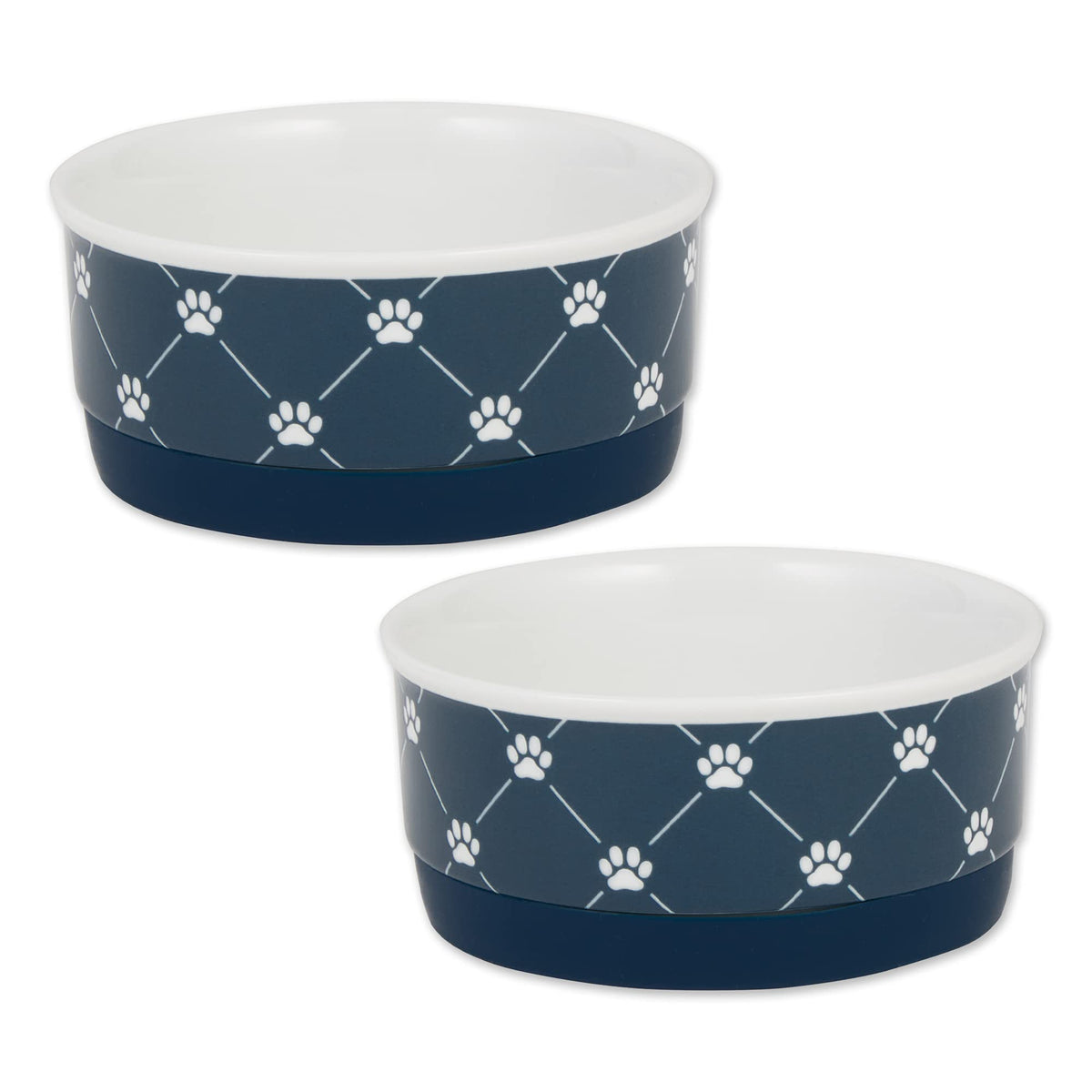 Bone Dry Trellis Paw Print Pet Bowl Set Microwave & Dishwasher Safe, Non-Slip Silicone Bottom for Less Mess, Small 4.25x2, Navy, 2 Count