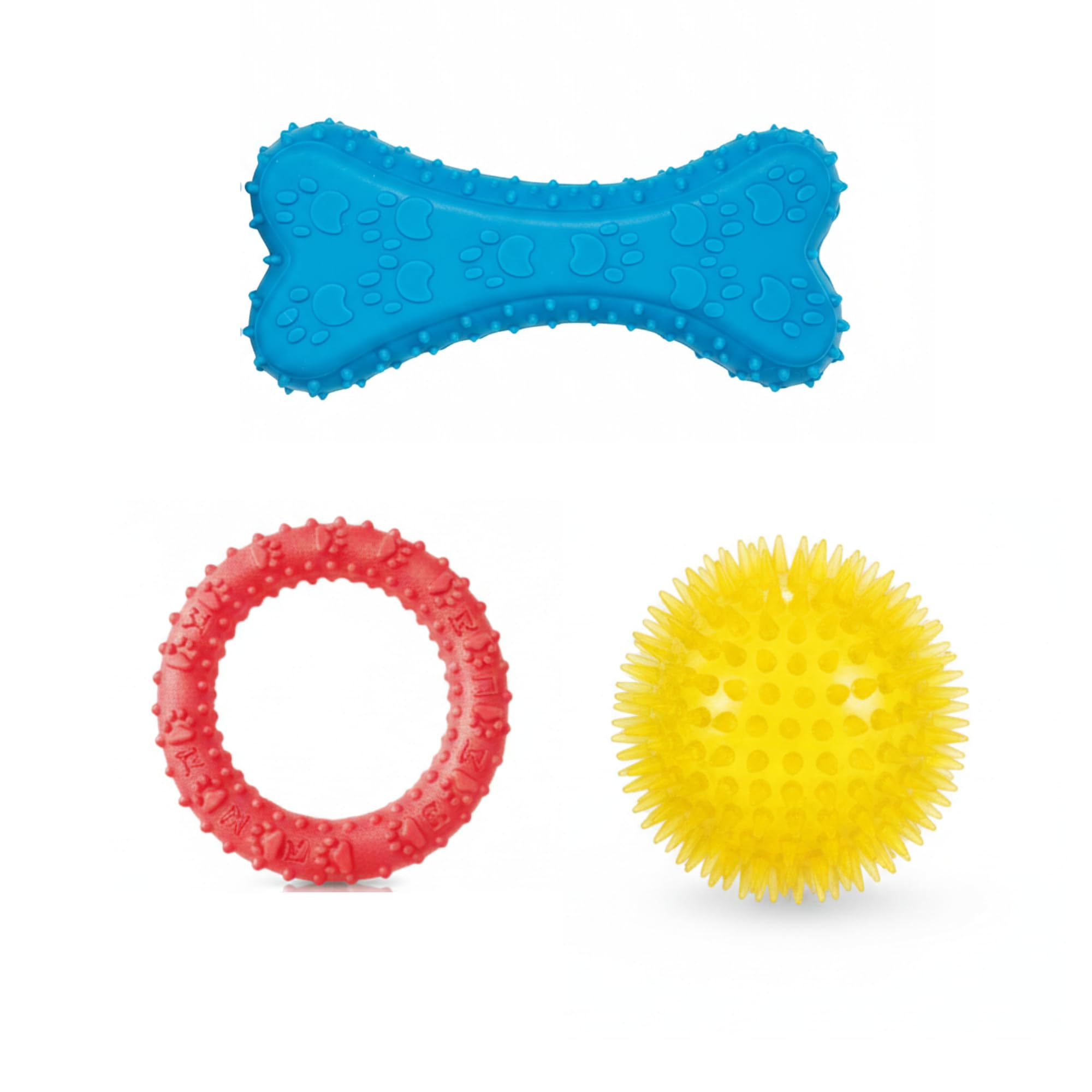 Kittupet 3Pack Interactive Rubber Dog Toy Set  Durable Floating Circle Ring, Textured Spiky Ball, And Classic Bone Toy For Fet