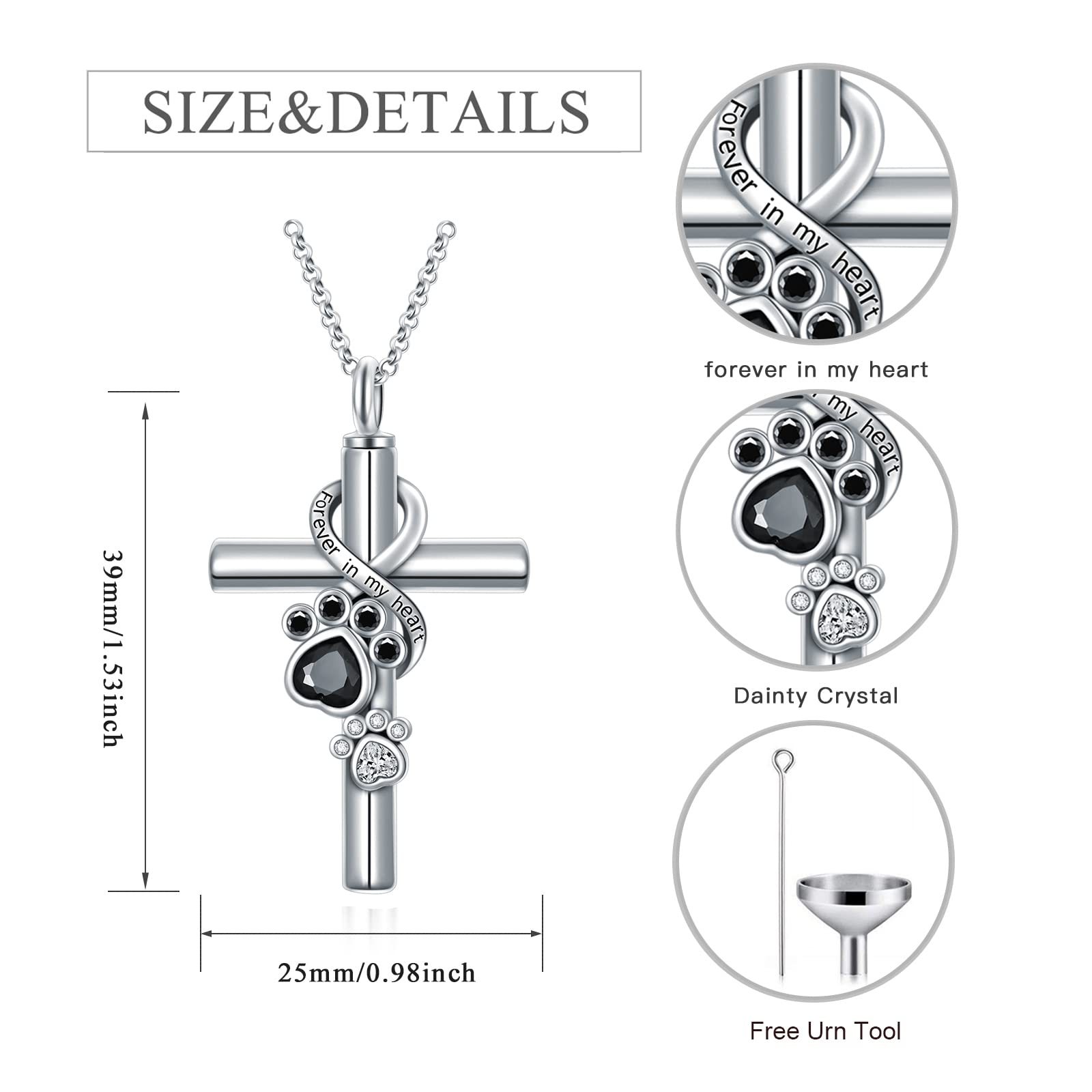 Flpruy Pet Cremation Jewelry - Animal Paw Print Memorial Cross Ashes Necklaces For Dog, Cat, Forever In My Heart