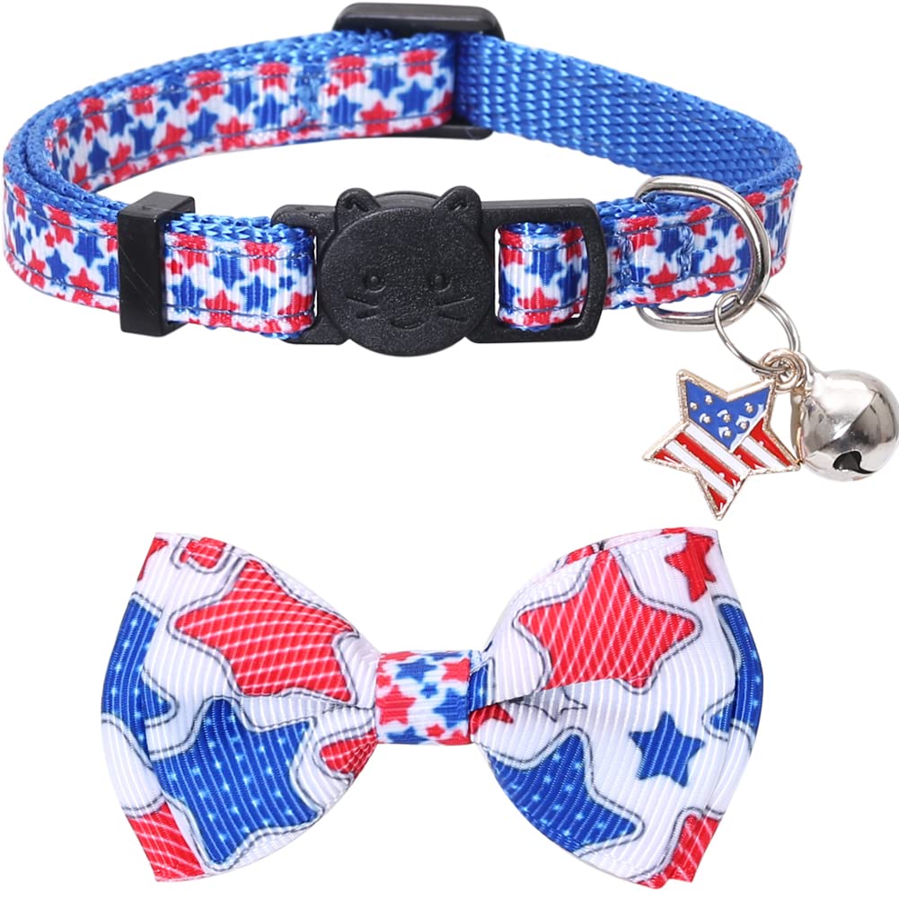 American Flag Cat Collar With Bell Bow Tie Star Breakaway Adjustable For 4Th Of July Independence Day