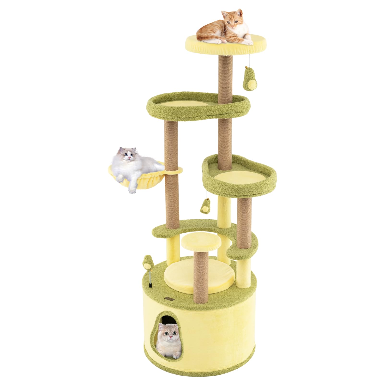 PETSITE 62.5 Inch Avocado-Themed Cat Tree, Multi-Level Modern Cat Tower with Jute Scratching Posts, Cat Condo, Dangling and Spri