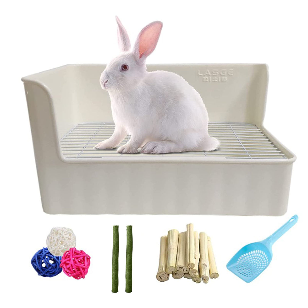 Tfwadmx Rabbit Litter Box Toilet Bunny Corner Litter Pan Pet Toilet Potty Trainer With Scoop Rabbit Chew Toys For Guinea Pigs Galesaur Chinchilla Ferret Small Animal (White)