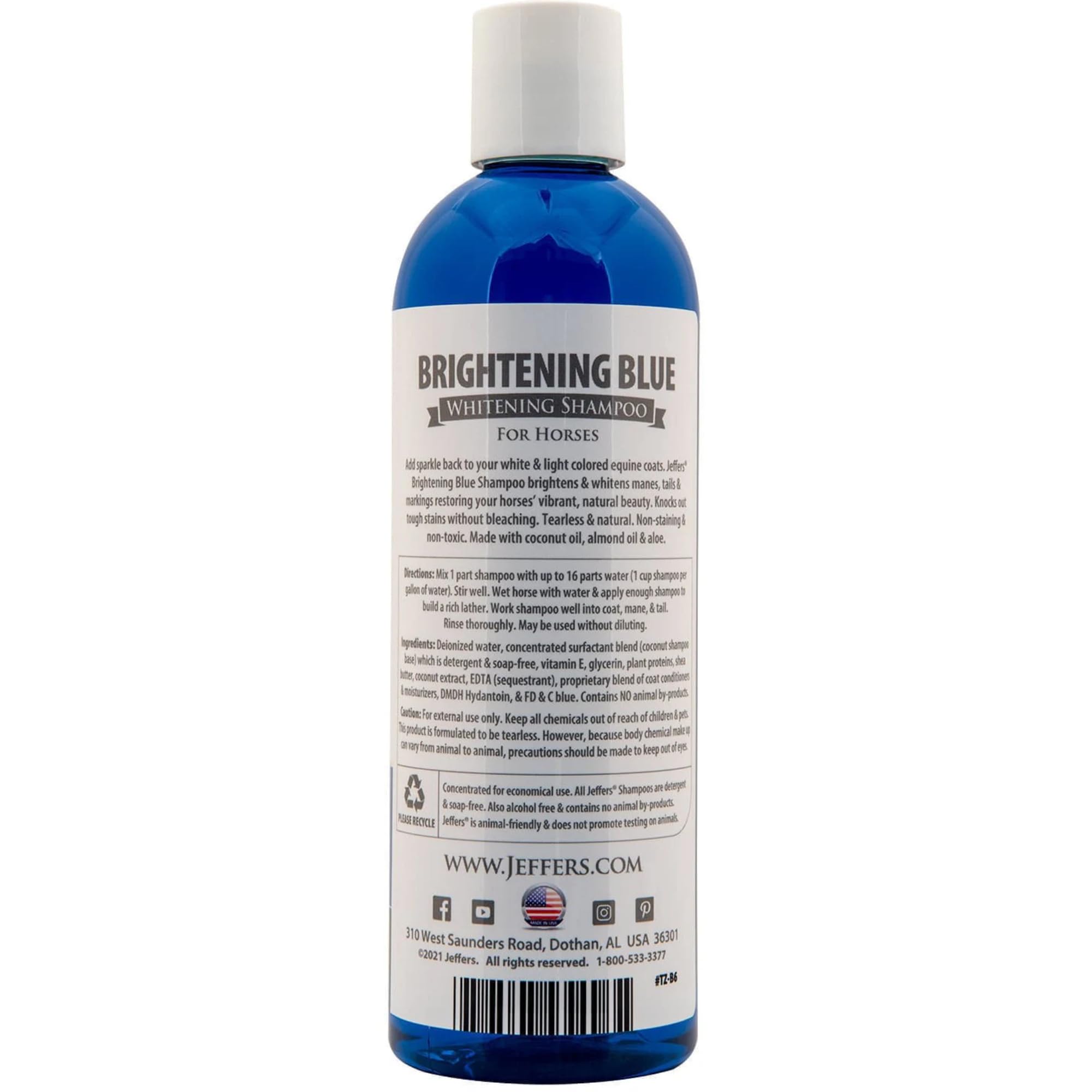 Jeffers Equine Brightening Blue Shampoo For Horses, 16 Oz - Stain Remover, Coconut Oil, Aloe, Gentle Grooming, Detergent - Free,
