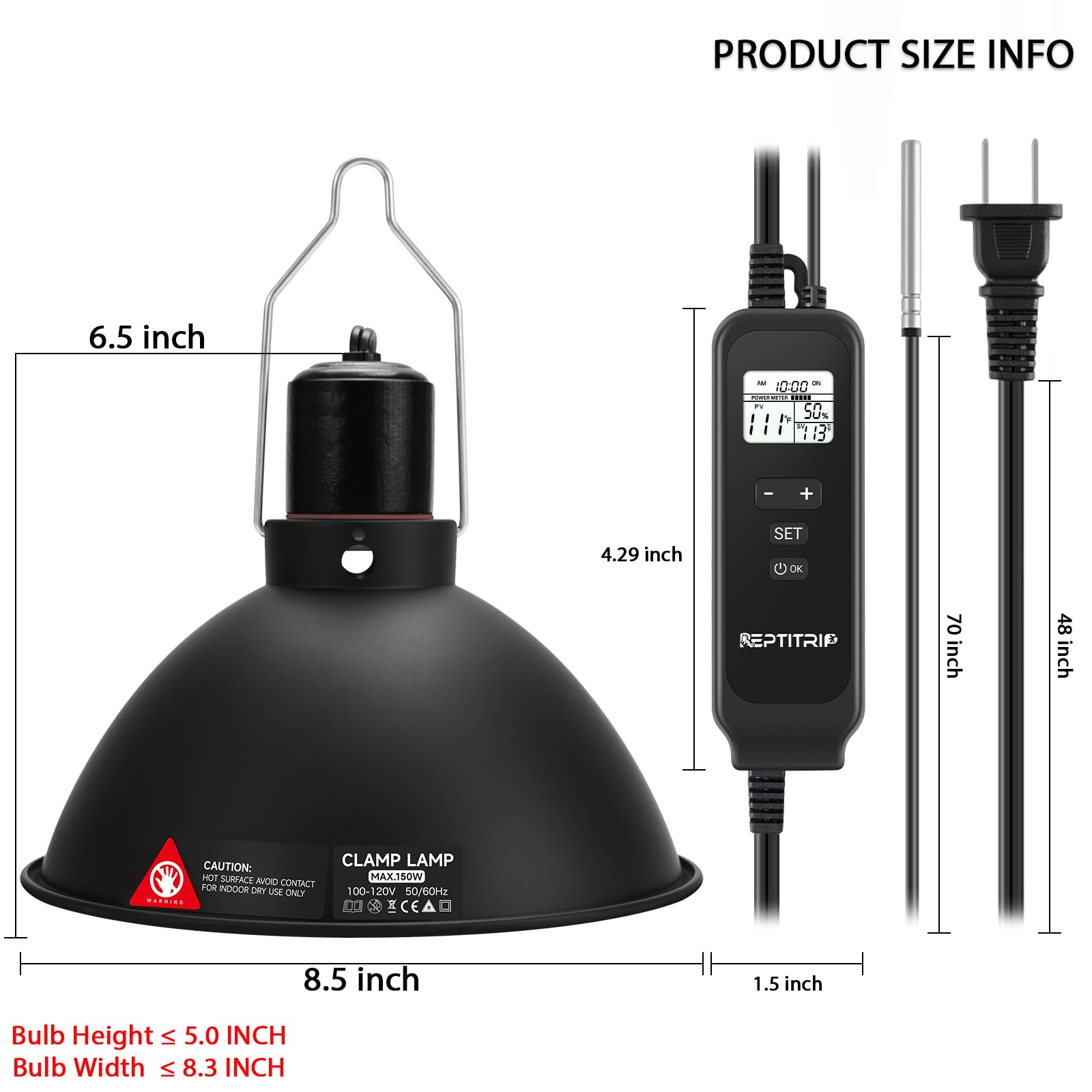 Reptitrip 8.5-Inch Day/Night Thermostatic Reptile Light Fixture - Heat Lamp Temperature Controller (Max 150W) For Bearded Dragon