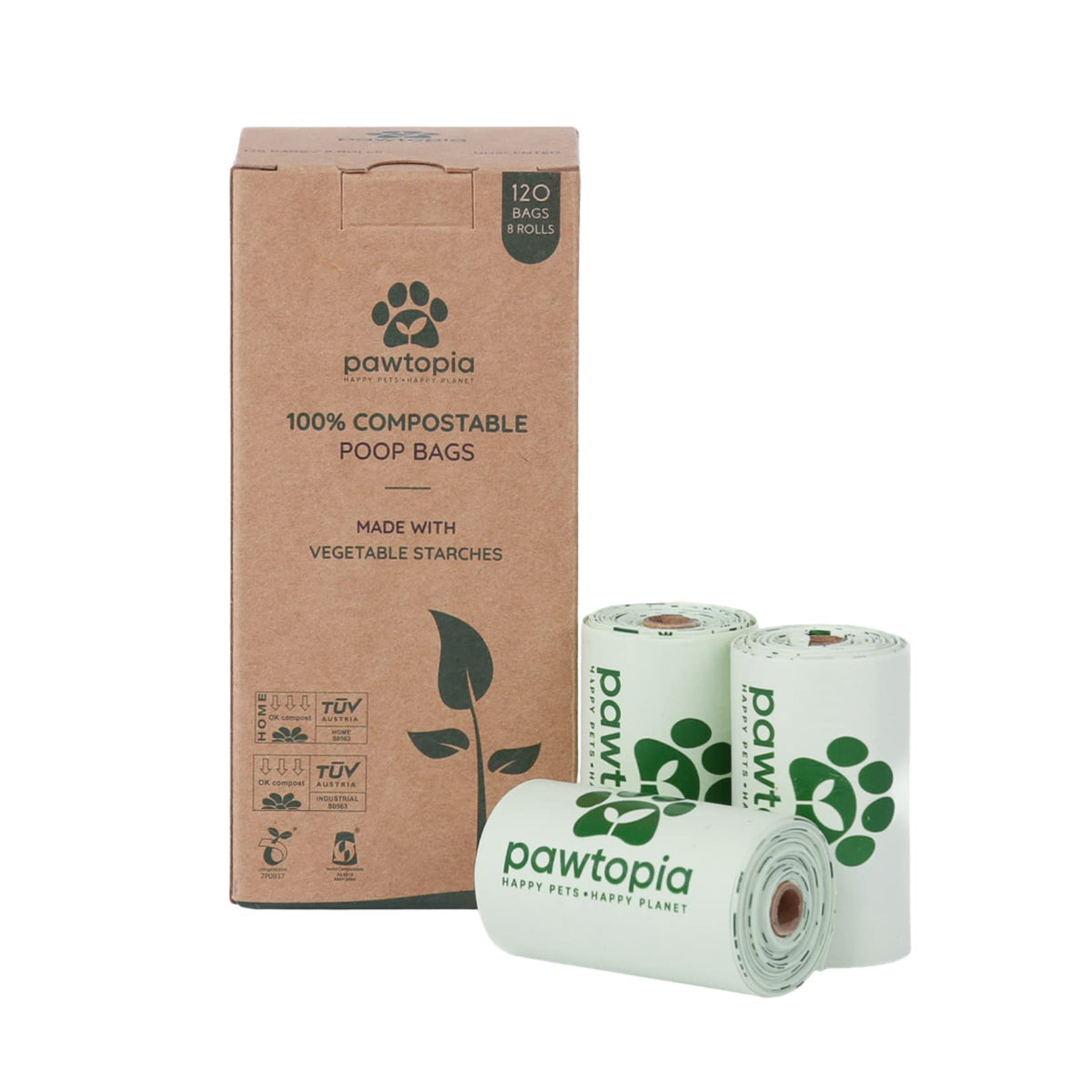 Pawtopia Certified Home Compostable Dog Poop Bags (120 Bags), Biodegradable Poop Bags, Cat Litter, Vegetable Starches, Eco-Friendly Dog Waste Bags, Leak Proof, Easy To Open, Give Back