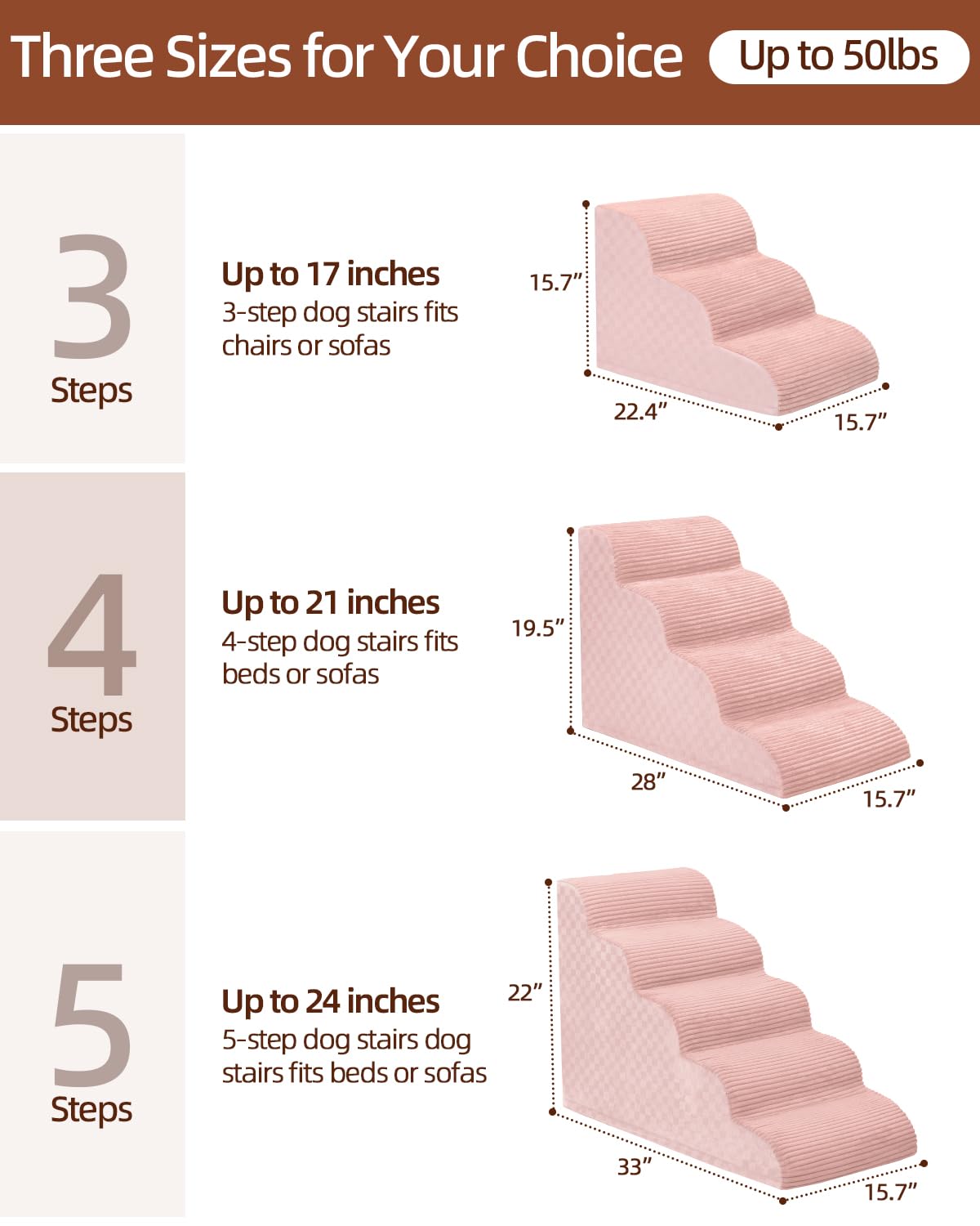 Dog Stairs Ramp For Couch 15.7   H, 3-Step Pet Stairs For Small Dogs With High Density Foam, Dog Slope Stairs With Durable Non-S
